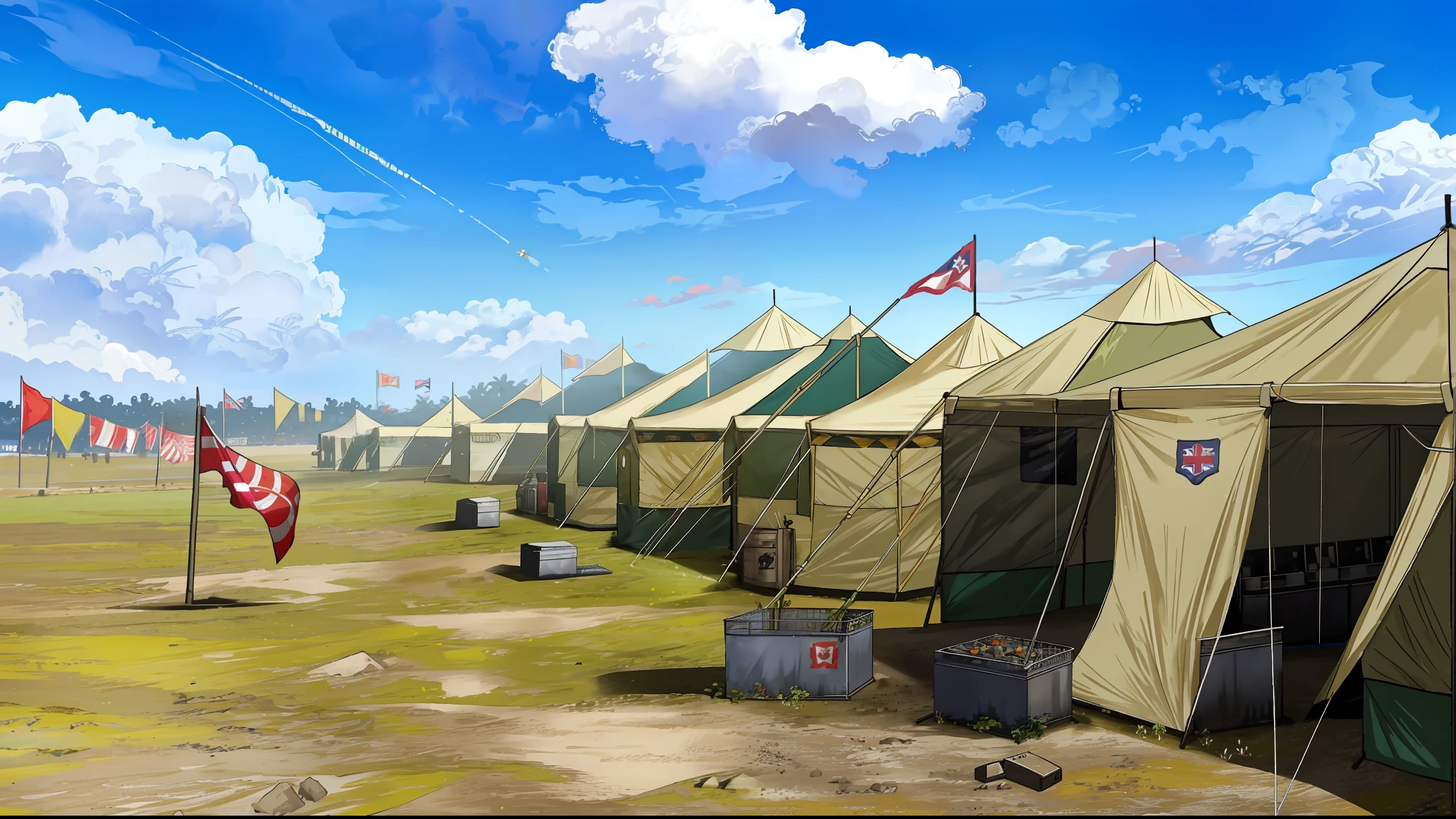 an energetic and dynamic scene of a FOB (forward operating base) that's bursting with life in a virtual world. The colorful tents are decorated with bright tapestries and flags.
