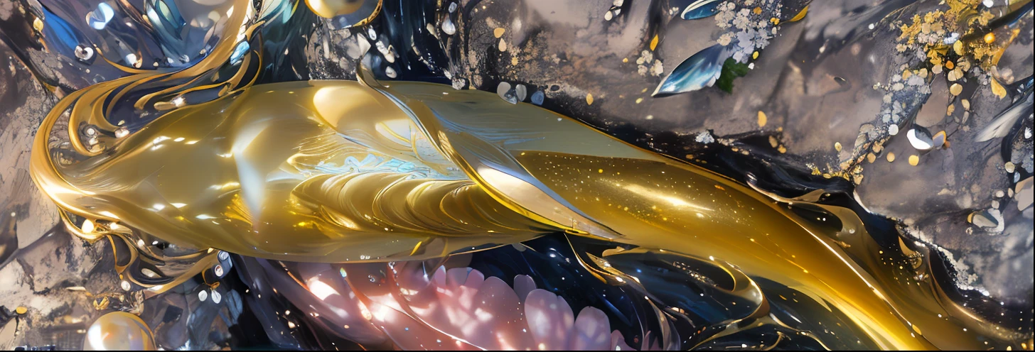 (extremely detailed CG unity 8k wallpaper,masterpiece, best quality, ultra-detailed),(best illumination, best shadow, an extremely delicate and beautiful),((((美人鱼))),from waist down mermaid, exquisite scales,((yellow tail: 1.5)|(golden tail: 1.3)), beautiful long hair,flowing in the water,pearls,