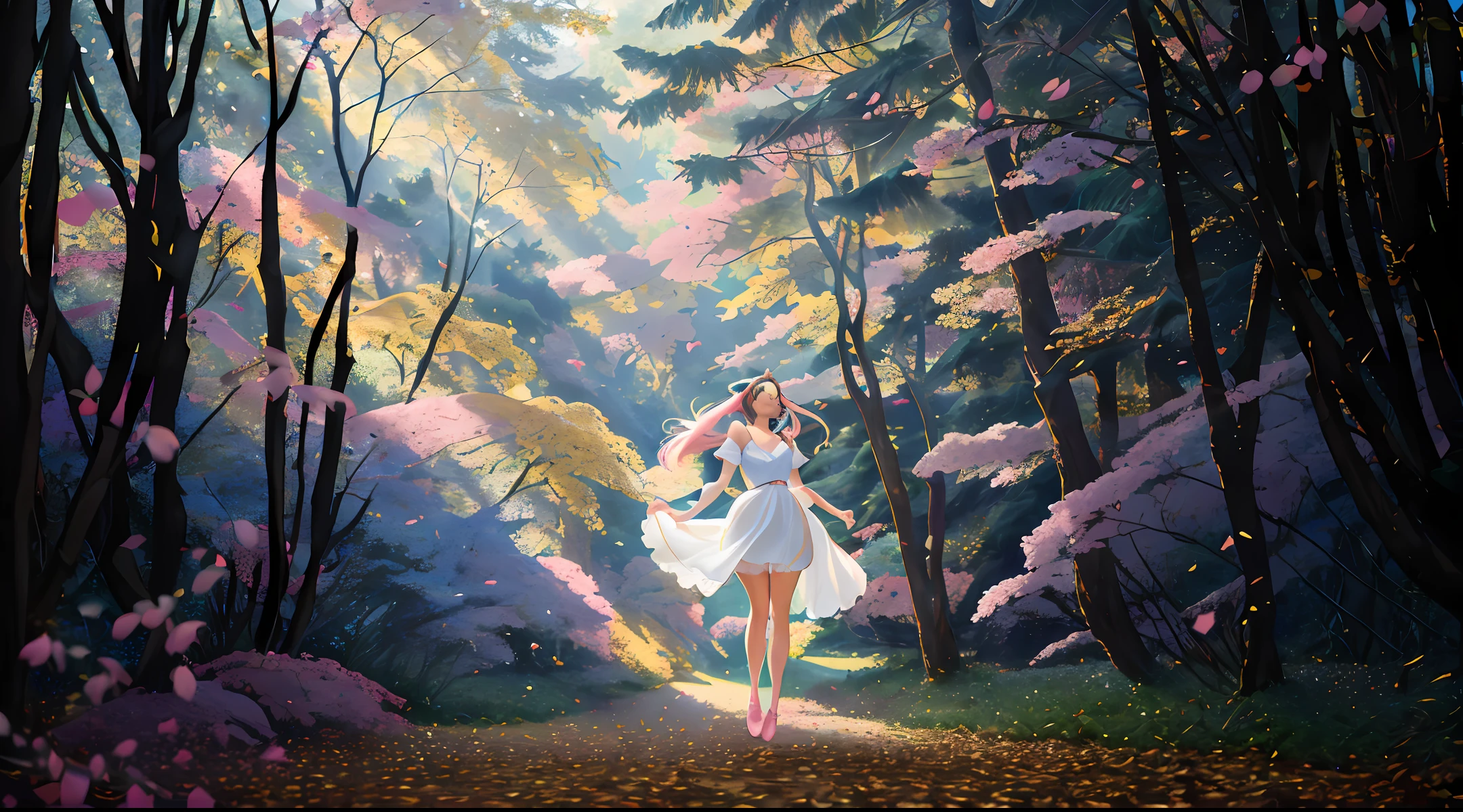 (extremely detailed CG unity 8k wallpaper,masterpiece, best quality, ultra-detailed),(best illumination, best shadow, an extremely delicate and beautiful),floating,

[(dynamic angle,((1girl)),gorgeous,(long blue hair)|(long pink hair),hairband,beautiful earings,delicate and beautiful red eyes,neck ribbon,pink_sweater,off shoulder, (strap),dynamic pose,delicate white stockings,(cleavage),panties,looking at viewer,long shot): :0.75],

[ :(colorful forest,depth of field,floating leaves,petals,wind,grasslands,Volumetric light):0.4]