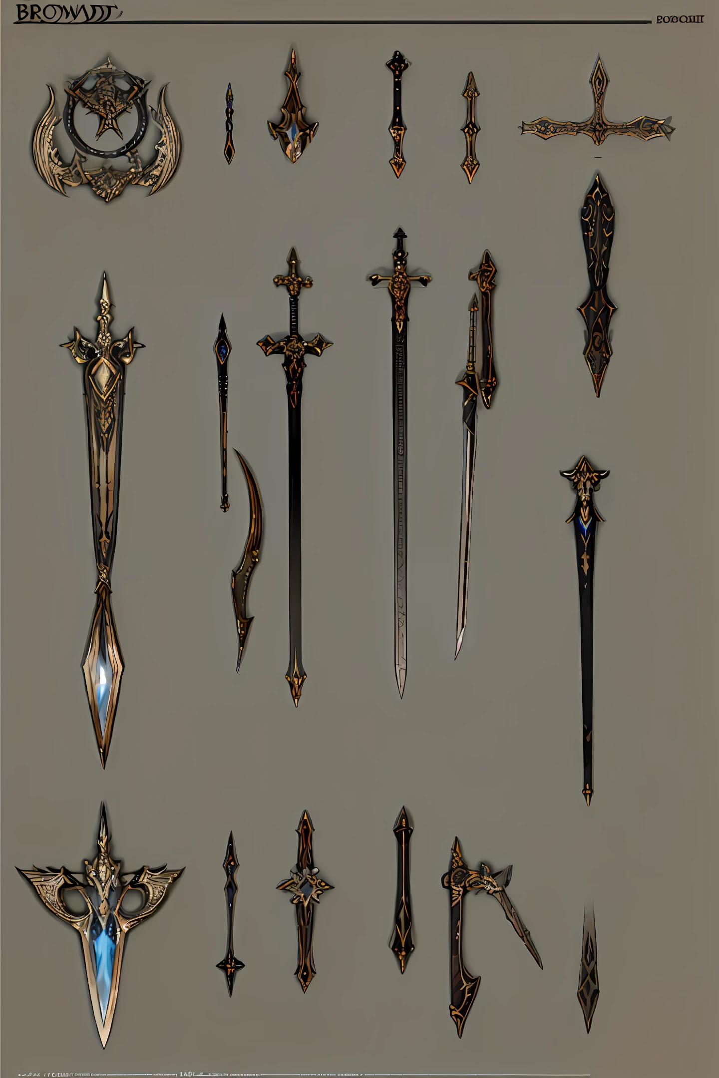 Weapon design tables, concept art, (Broadsword Weapon), thunder element, ((film)), (subtle lighting), (perfect shadows), (gorgeous), (perfect proportions), (intricate details)
