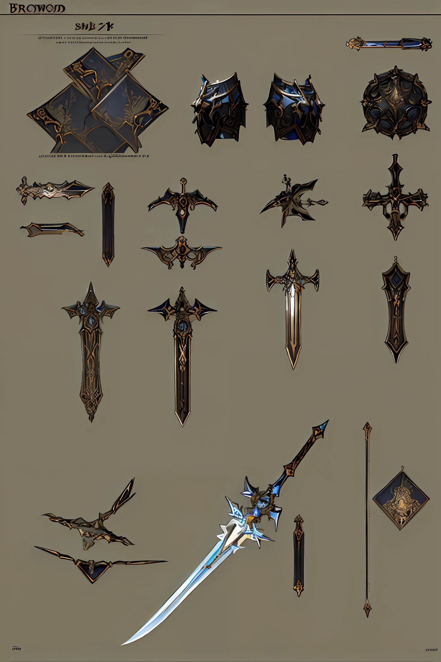 Weapon design tables, concept art, (Broadsword Weapon), light element, ((film)), (subtle lighting), (perfect shadows), (gorgeous), (perfect proportions), (intricate details)