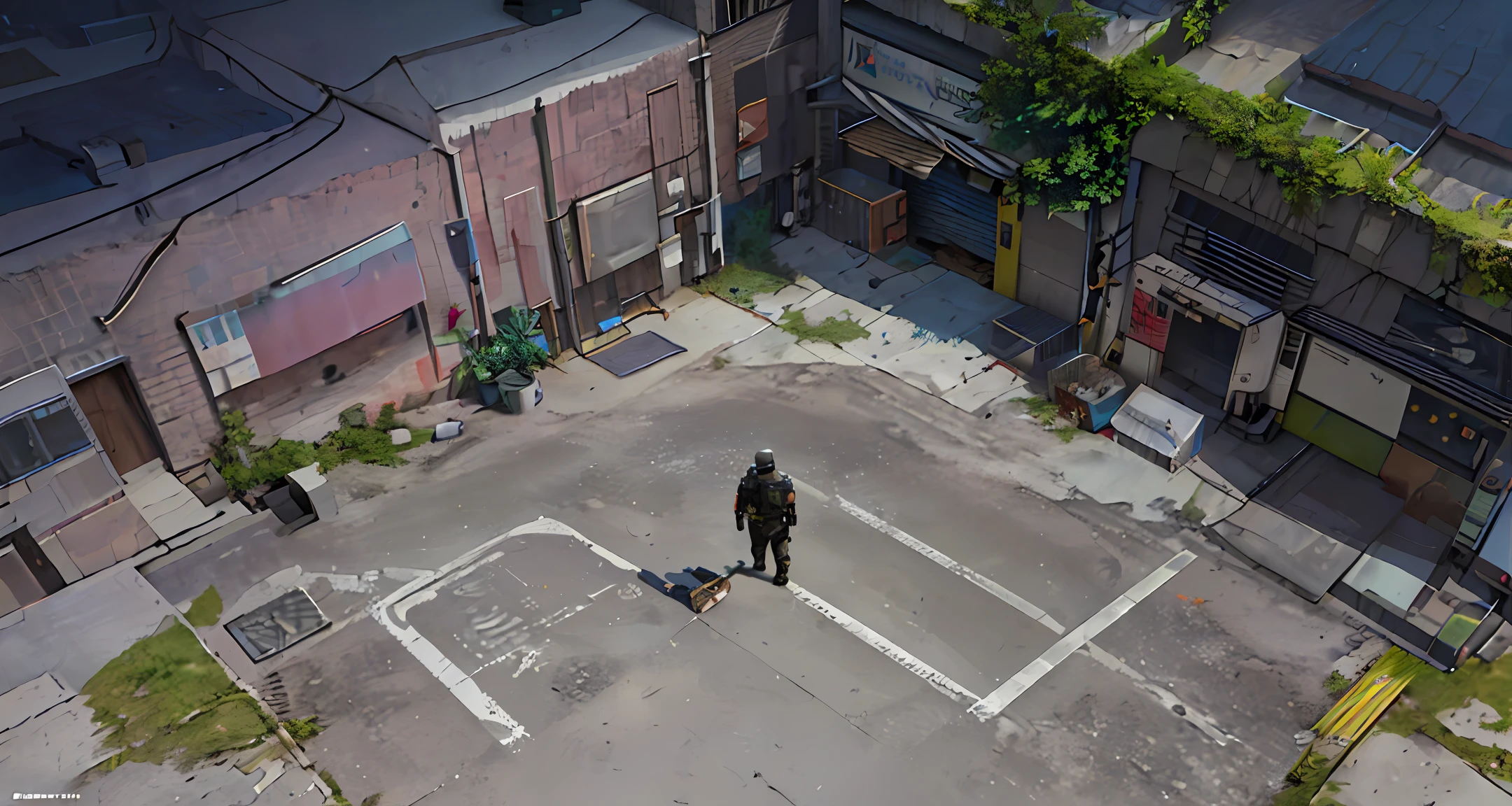 microscopic scene, realistic street scene, corner, wall, fence, isometric, perspective 30 degrees, dirty street background, surreal environment, street background, environment painting, realistic scene, advanced texture rendering), super detailed scene, digital painting. Octane Rendering, Subsurface Scattering, Realistic Set Shots, Unreal Engine Digital Painting, Environment Art, Painted Game Concept Art, Top Down Shots, Ultra Detailed Scenes, Video Game Screenshots>, Cinematic Screenshots , game screenshot, game screenshot, surreal environment, disco bliss character, action scene screenshot, game capture 3d rendering