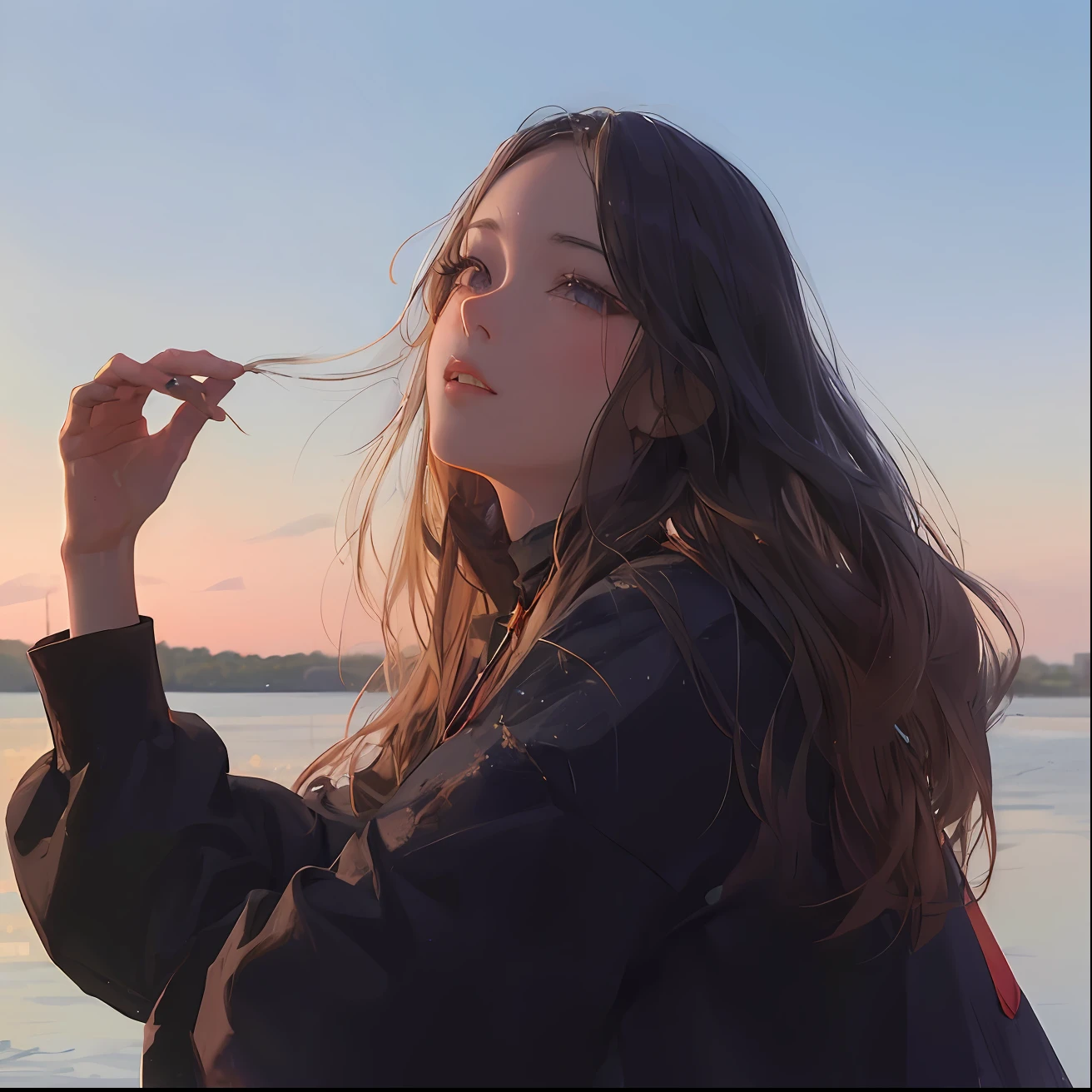 arafed woman with long hair standing near a body of water, dilraba dilmurat, with sunset, ilya kuvshinov with long hair, 🤤 girl portrait, high quality portrait, with long hair, infp young woman, profile pic, with an sunset, 黄金时段, kailee mandel, krystal, lofi ，可爱，大眼睛