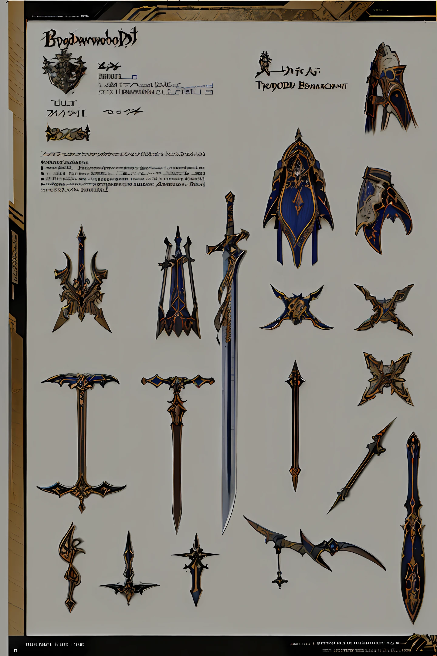 Weapon design tables, concept art, ((Broadsword Weapon)), (thunder element), ((film)), (subtle lighting), (perfect shadows), (gorgeous), (perfect proportions), (intricate details), (delicate beautiful face)