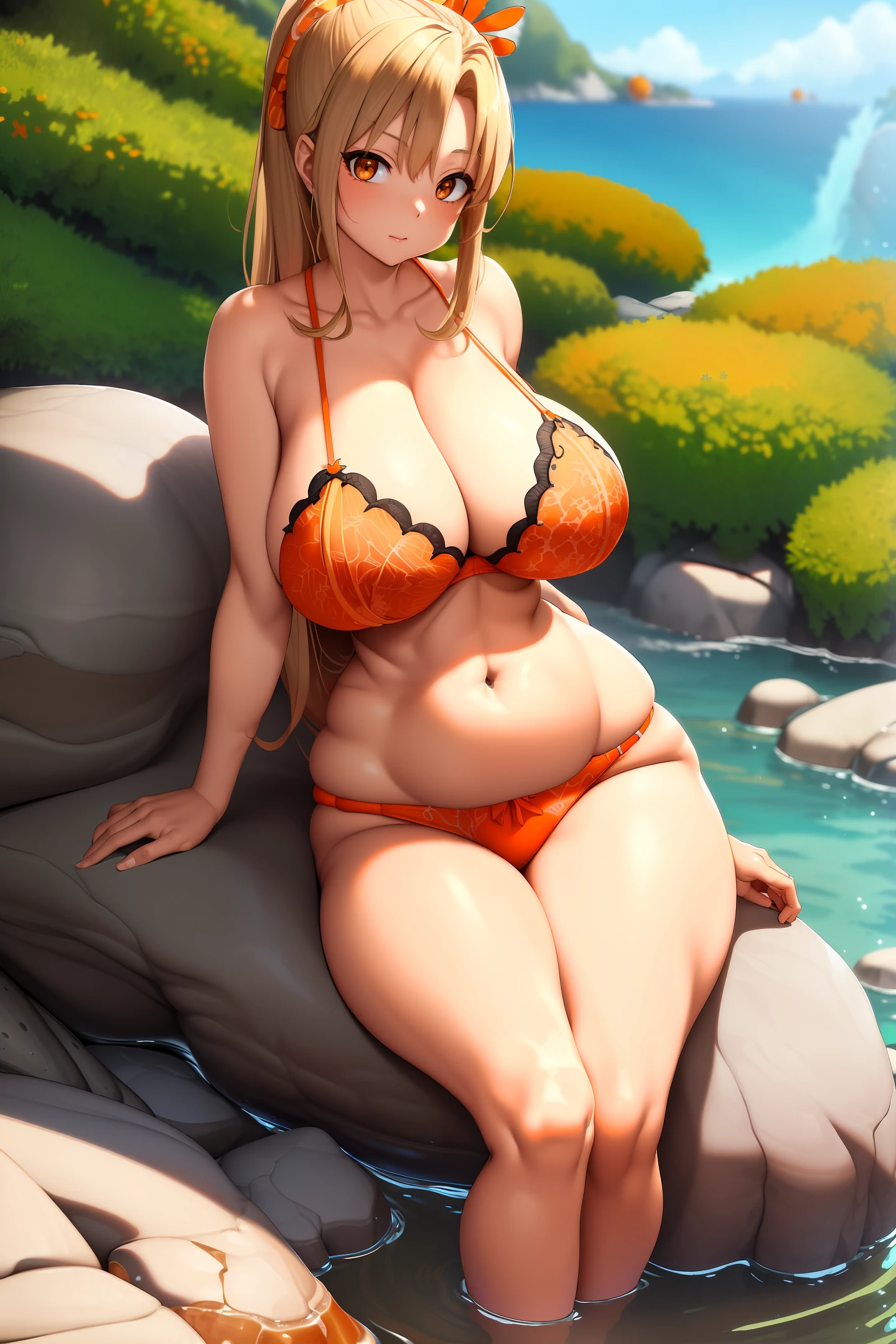 (Best Quality, Masterpiece:1.2), nagatiti, (huge breast: 1.4), (hanging breast: 1.4), (gigantic breast:1.4), (Absurdres:1.2), photorealistic, 4K, Detailed, Ultra-Detailed, Digital Art, Detailed Face, (Hyper-Detailed Eyes:1.2), (Solo:1.4), (1Girl: 1.3), (Facing Viewer:1.2), (Yuuki Asuna:1.2), (Honey Blonde Hair:1.4), Long Hair, (Sidelocks:1.2), (Orange Eyes:1.4), (Curvy:1.4), Thick Thighs, (Coral Bra:1.2), (Coral Panties:1.2), Rocks, Coast, (Shore:1.2), (Sitting:1.4), Sitting on Rock, Trees, Plants, (Bush:1.2), Waves, (Causting:1.2), (Hyper-Detailed Water:1.2),