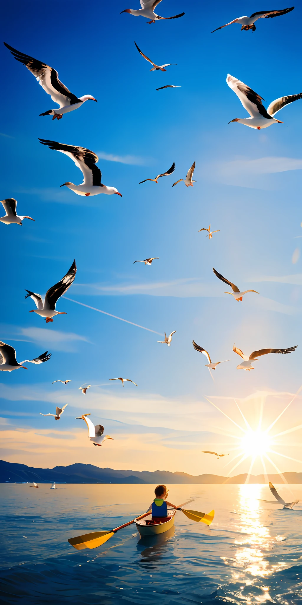 Little girl rowing on the sea with seagulls flying around, sunlight, Tyndall effect