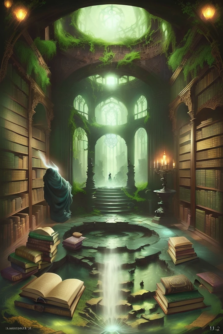 (magic book library:1.3, gothic epic library:1.2, fantasy book illustration:1.2, alchemist library background, ancient library, ruined library concept art:1.1, fantasy role-playing book illustration:1.1),
((a lot of books:1.2 and a fountain:1.2) room image, (forever library:1.2 with dust flying), (gothic:1.2 and gloomy:1.1) library with unique (library artworks:1.3 and space carriers),fantasy magic environment,是空间的载体。)