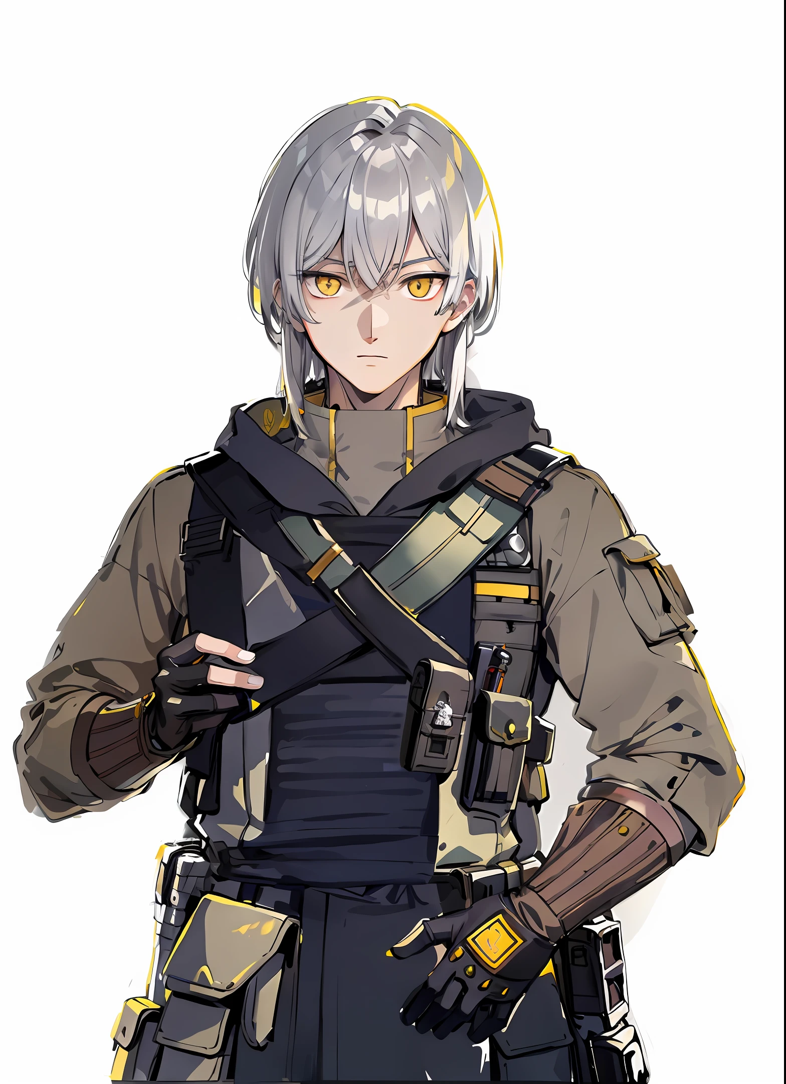 Man, (handsome), (clear eyes), (detailed pupils), (pretty boy), (golden eyes), (white hair), (long bangs), (yellow eyes), (vibrant eyes), wearing full military gear, (modern soldier), (military holster), brown outfit, dark outfit. Tatsuya Endo, Greg Rutkowski, Pixiv, Artstation