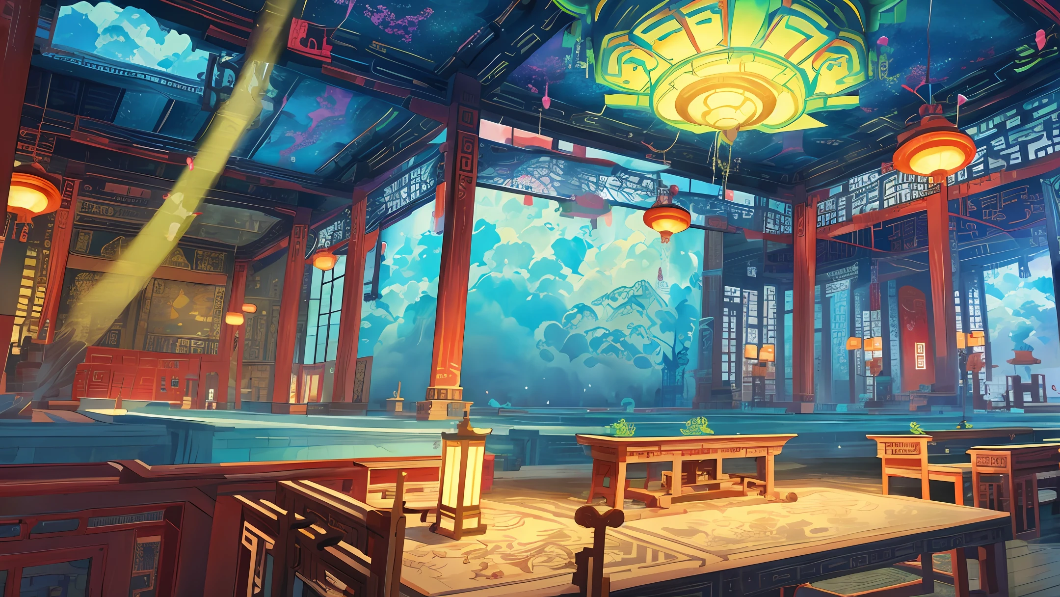 Game scene, high contrast, majestic, stalwart architecture, ancient Chinese palaces are located above the clouds, palaces, surrounded by clouds and strips, colorful rays of light, ((color ink)),((splash ink)),( (splash ink) ink) ink}) ), masterpiece, high quality, beautiful graphics, high detail, (extremely detailed CG unity 8k wallpaper), (best quality), (best illustration), (best shadows), super detail