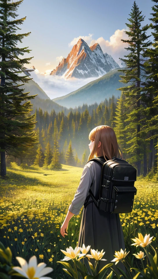 1girl, solo, backpack, adventurer clothes, day, forest, trees, flowers, bushes, sunlight, mountainous horizon, sky, warm lighting, hyperrealistic, detailed background, rimlighting, specular highlights, atmospheric lighting, Spring, Flower, Happy, Masterpiece, from behind, bloom, cinematic lighting, best quality