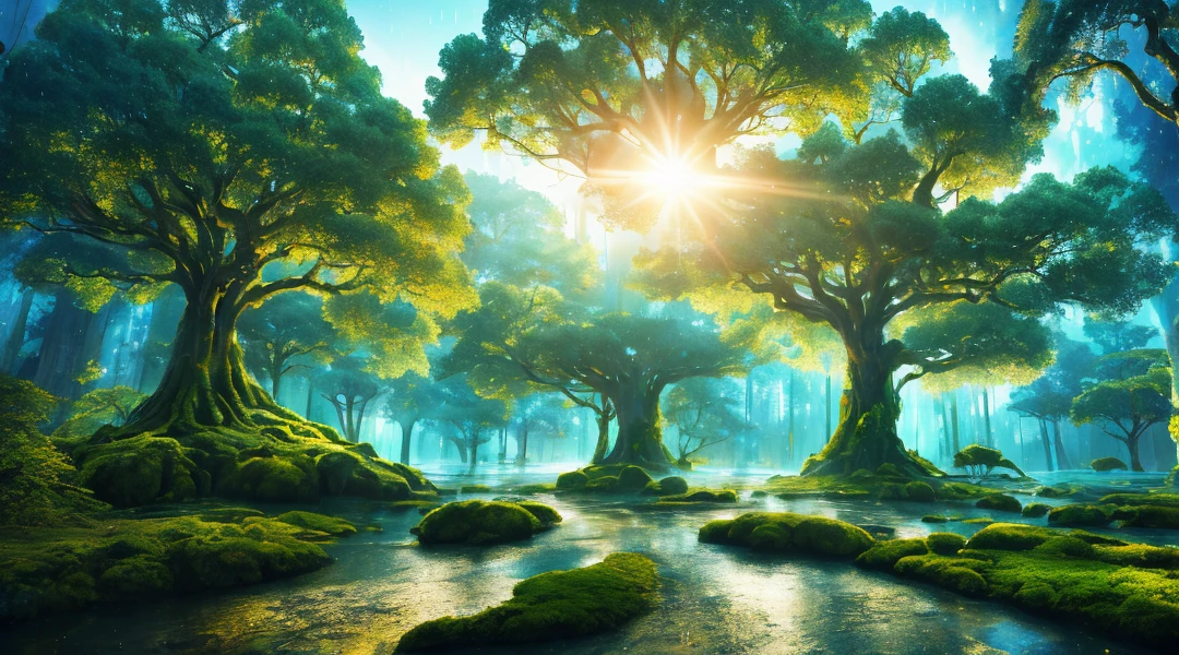 Forest at night, masterpiece, best quality, high quality, highly detailed CG unity 8k wallpaper, surreal giant cyan rain tree in a futuristic prehistoric village, splashing water, sandy debris, lens flare , sun axis, fluffy clouds, ultra detailed, HDR, bloom, photorealistic, ultra detailed