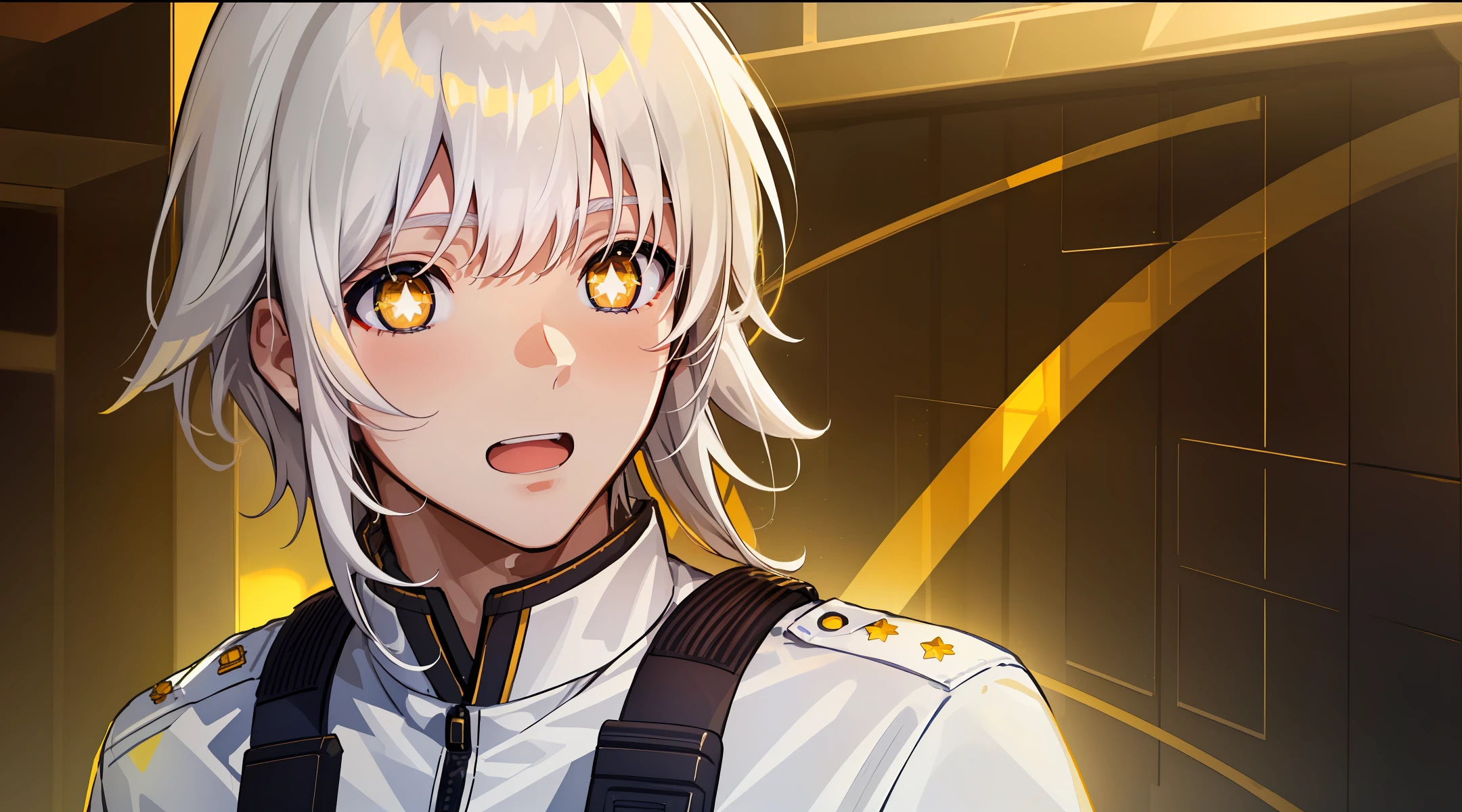 Man, (handsome), (clear eyes), (detailed pupils), (pretty boy), (golden eyes), (stars in eyes), (blushing), (excited), (partially-open mouth), (white hair), (long bangs), (yellow eyes), (vibrant eyes), wearing full military gear, (modern soldier), (military holster), brown outfit, dark outfit. Tatsuya Endo, Greg Rutkowski, Pixiv, Artstation