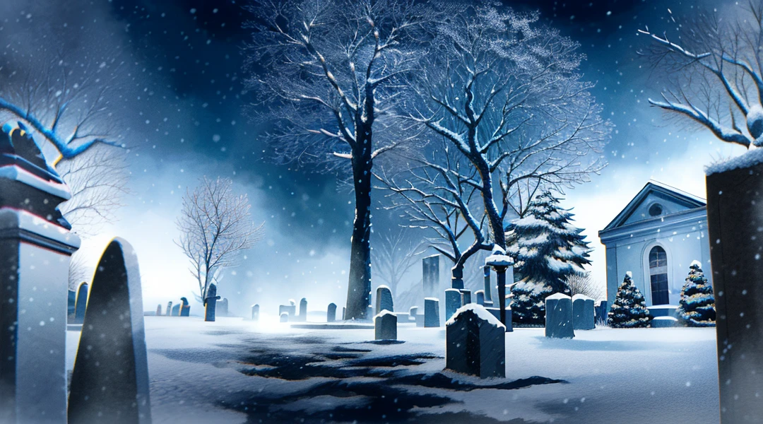 Graveyard at night, snow, snowing, (ice), icicles, frozen, cold, cold, ominous, scary, creepy, (lightning strike), (lightning), storm, cloudy sky, Mist, Fog, Full Moon, Glow, Ominous Aura Aura, Landscape, Masterpiece, Best Quality, Intricate Details, Absurd, Chromatic Aberration, Depth of Field, Professional Photography, Soft Lighting, Tone Mapping, Very Detailed, Sharp Focus, Dramatic lighting, intricate detail, film, 8K, incredible shadows, realistic, (highly detailed background: 1.0)