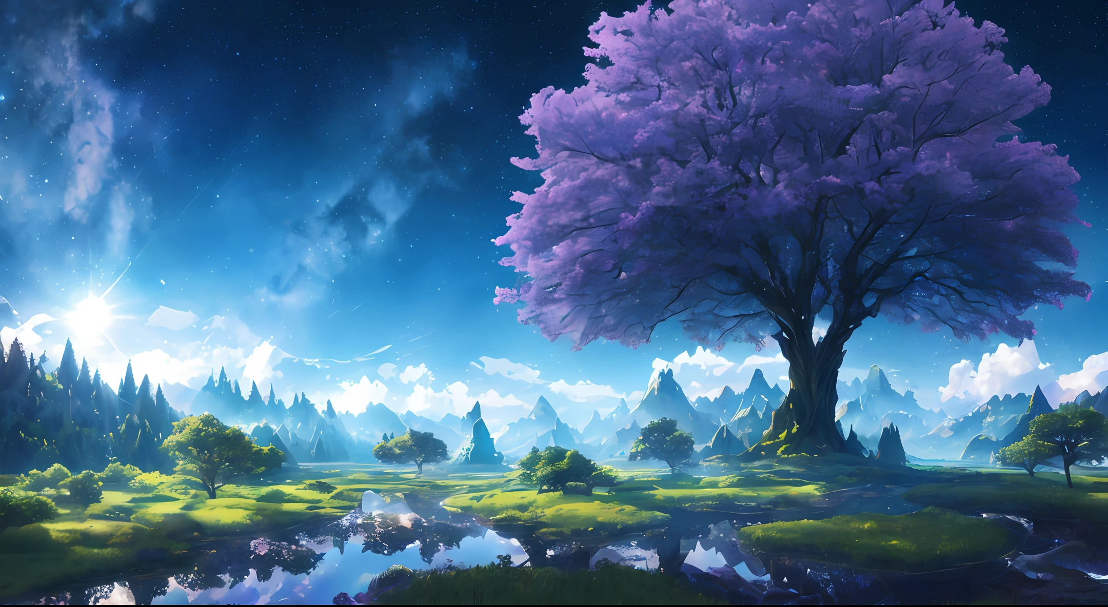 Illustration of a hyperrealistic , otherworldly, ultrasky scene featuring a giant crystal tree full body,very detailed and magical lighting, intricate forest details, vegetation and river around, solarpunk ,landscape, giant tree, beatifull leafy with beautiful lighting and realistic proportions, as if it were a cinematic background, 8k, highest quality, masterpiece, clouds and stars in the sky.