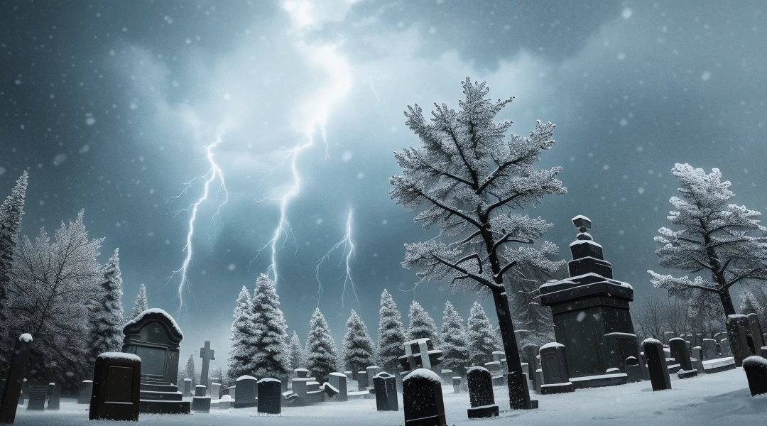 Graveyard at night, snow, snowing, (ice), icicles, frozen, cold, cold, ominous, scary, creepy, (lightning strike), (lightning), storm, cloudy sky, Mist, Fog, Full Moon, Glow, Ominous Aura Aura, Landscape, Masterpiece, Best Quality, Intricate Details, Absurd, Chromatic Aberration, Depth of Field, Professional Photography, Soft Lighting, Tone Mapping, Very Detailed, Sharp Focus, Dramatic lighting, intricate detail, film, 8K, incredible shadows, realistic, (highly detailed background: 1.0
