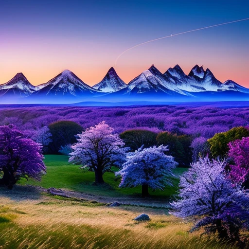 World of Warcraft, Dun Morogh, Blizzard, (purple crystal meteor falling from the sky: 1.5), purple meteor fire, huge explosion, landscape painting, mountainous horizon, distant snow peaks, reentrant peaks, plateau, fantasy Floating islands, (gorgeous foreground: 1.1), (spring foreground: 1.1), blurred foreground, distant lake, trees, nature, clear blue sky, cloud trails, cirrus clouds, 64K, f1.2, 800mm , UHD, dynamic lighting