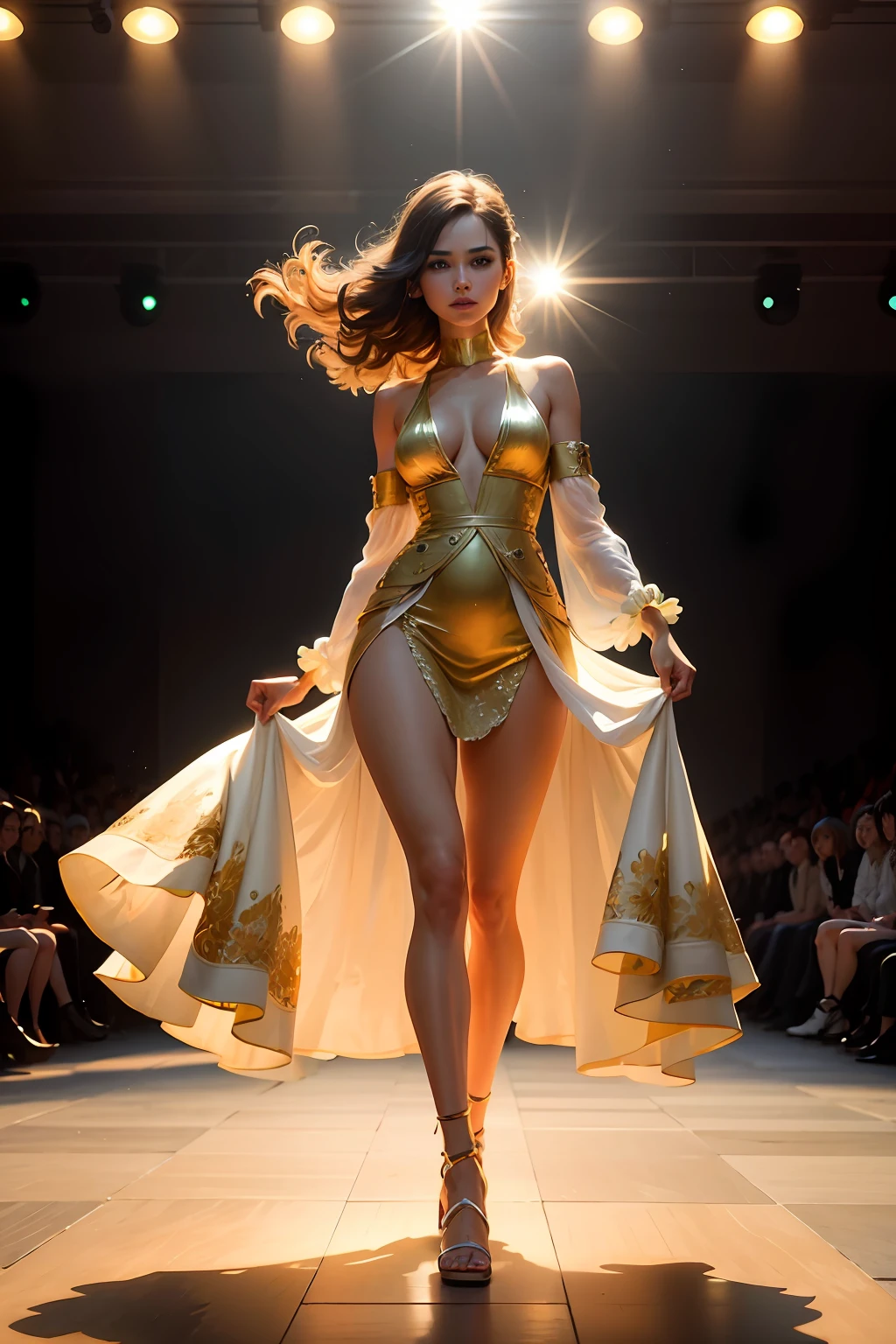 fashion show, model walks the runway in a bright spring flower dress, ((catwalk)), ((catwalk)), (total length: 1.5), girl, consummate masterpiece, perfect work of art, ((perfect female figure)) , skinny, realistic, solo, (photorealism: 1.4), best quality, ultra high definition, cleavage, full body, (giant breasts), huge breasts, beautiful, masterpiece, best quality, very detailed face, perfect lighting, solo, no makeup , best quality, ultra high definition, (photorealistic: 1.4), super detail, masterpiece, best quality, detailed background, spotlights, audience, realistic textures, light effect, 4k, 8k
