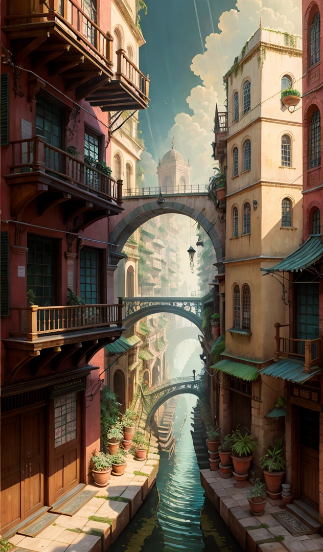 Stunning, depicting a grand and sprawling city surrounded by a lush jungle canopy. Images show intricate buildings, busy markets and bridges covered in lush vines.