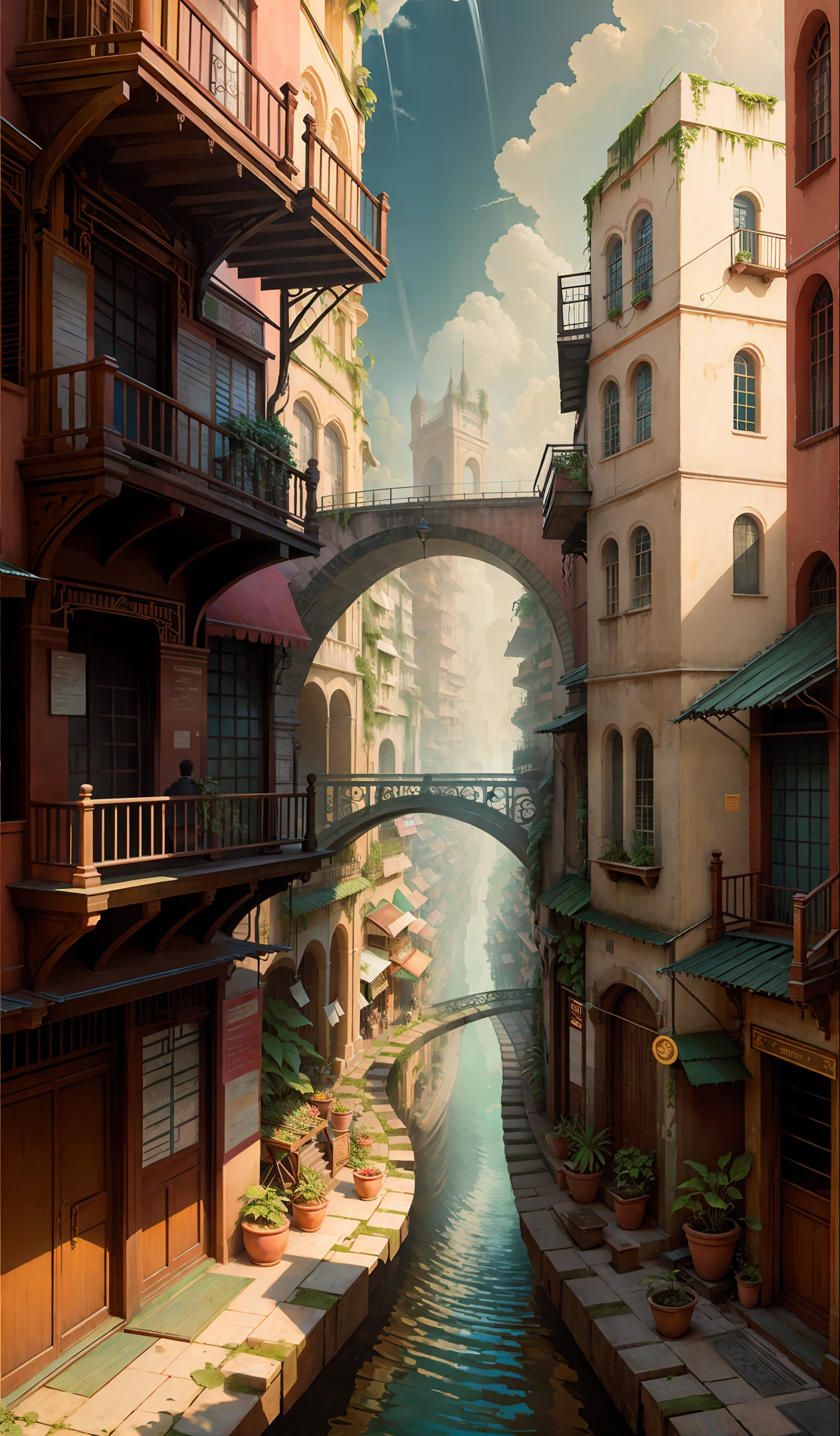 Stunning, depicting a grand and sprawling city surrounded by a lush jungle canopy. Images show intricate buildings, busy markets and bridges covered in lush vines.