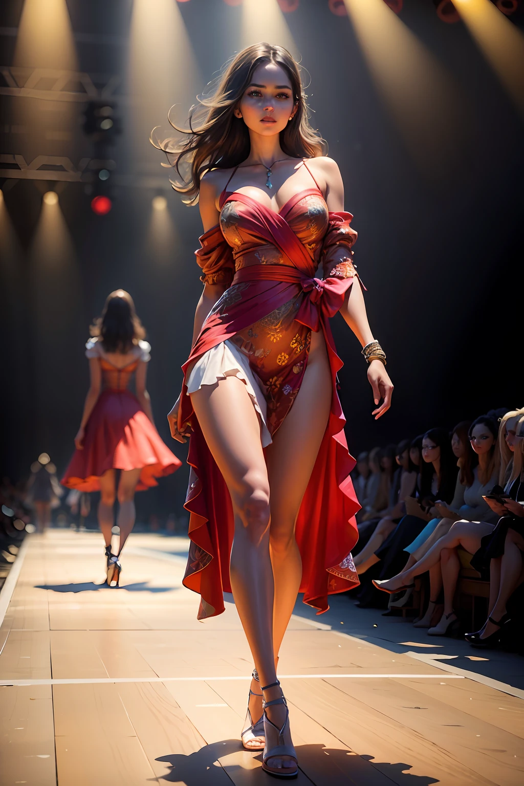 fashion show, model walks the runway in a bright colorful spring dress ((catwalk)), ((catwalk)), (total length: 1.5), girl, consummate masterpiece, perfect work of art, ((perfect female figure)), thin, realistic, solo, (photorealism: 1.4), best quality, super high resolution, cleavage, full body, (giant breasts), huge breasts, beautiful, masterpiece, best quality, very detailed face, perfect lighting, solo, no makeup, best quality, ultra high resolution, (photorealistic: 1.4), super detail, masterpiece, best quality, detailed background, spotlights, audience, realistic textures, light effect, 8k