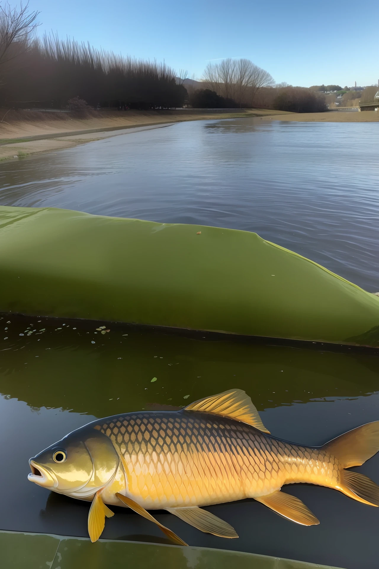 A carp about the size of a person is on the bank, surrounded by many people, the background is the river, the year is the 90s
