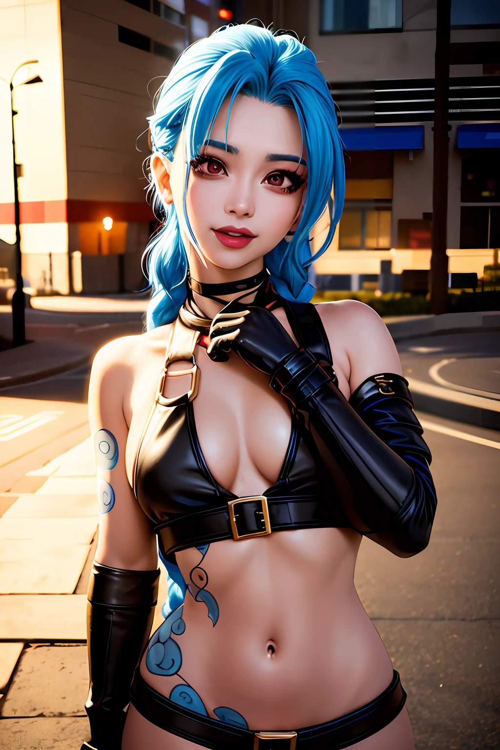 1girl, Kpop idol, JinxLol, blue hair, braids, best quality, (fidelity:1.2), black eyes, big breasts, outdoors, depth of field, facial detail, facial focus, (looking at viewer:1.25), flash Bright skin, smile, thick lips, game cg, hand on lips, outdoors, blurred background, black hot pants, full body,
