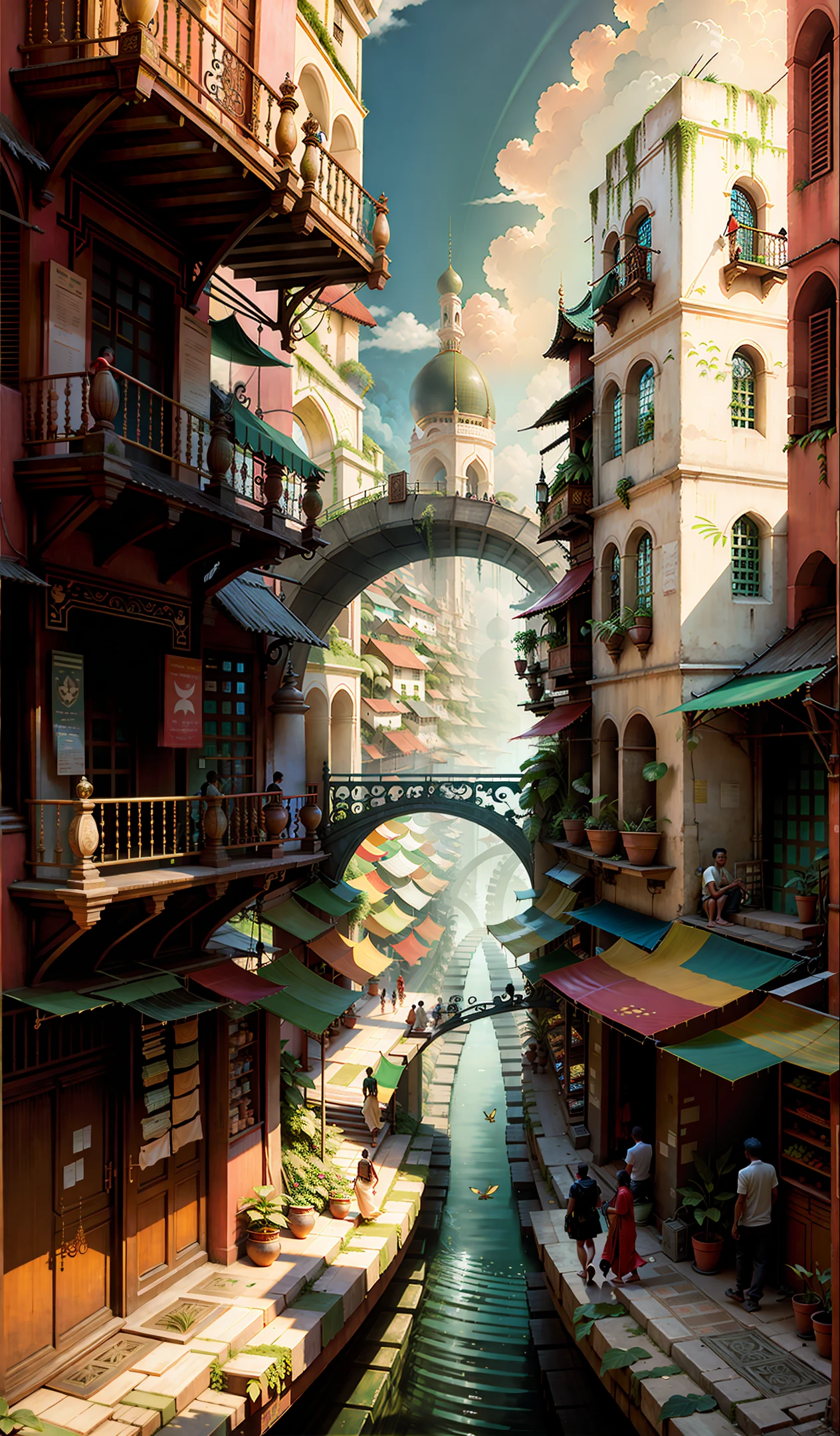 Stunning, depicting a grand and sprawling city surrounded by a lush jungle canopy. Images show intricate buildings, busy markets, and people dressed in high-tech.