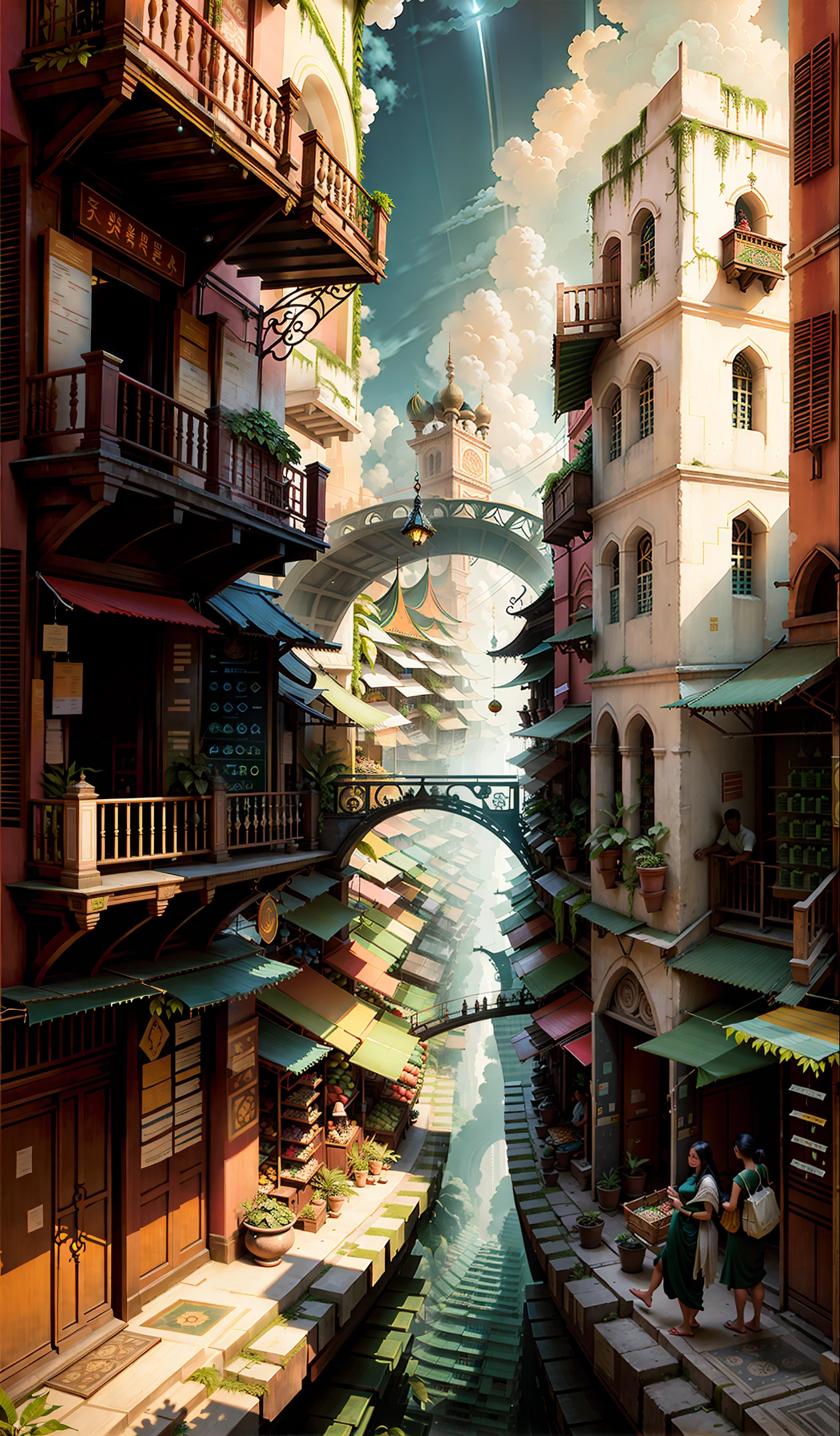 Stunning, depicting a grand and sprawling city surrounded by a lush jungle canopy. Images show intricate buildings, busy markets, and people dressed in high-tech.