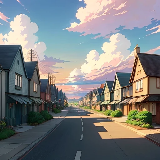 Anime style street scene with houses, anime background art, anime sky, anime scenery, anime background, anime clouds, detailed scenery - width 800, beautiful anime scenery, anime countryside landscape, beautiful fluffy clouds. anime, anime style cityscape, anime scenery concept art,