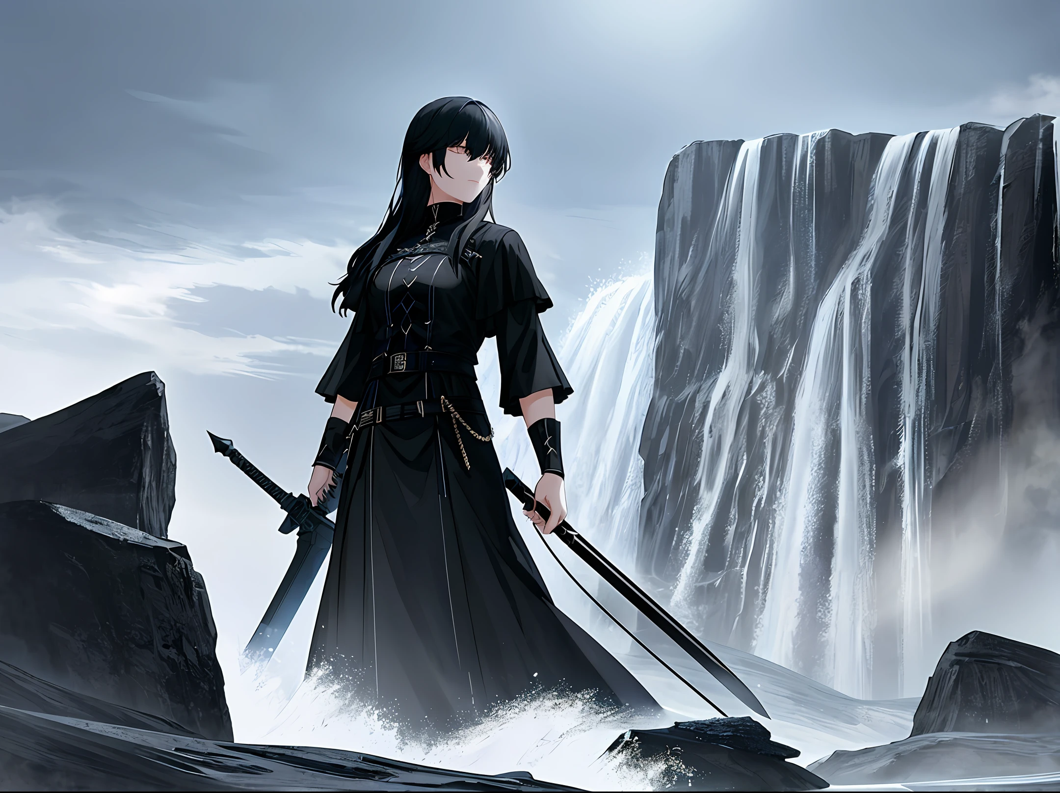 A mysterious black cat with a sword on its back stands in front of a choppy waterfall. The din of the waterfall masked the slight quiver of the sword it held, and the black cat's eyes had a clear spiritual light, as if it were looking at something. The whole scene is dominated by the dark style, and the waterfall splashes, forming sharp water blades, which makes people feel oppressed and dangerous. The background is a desolate valley and stone cliffs, giving people a mysterious and deep feeling. Using the rendering engine of Dynasty FX in Dubai, Switzerland, the colors are mainly black, gray, and blue, which strengthens the atmosphere of mystery and danger.