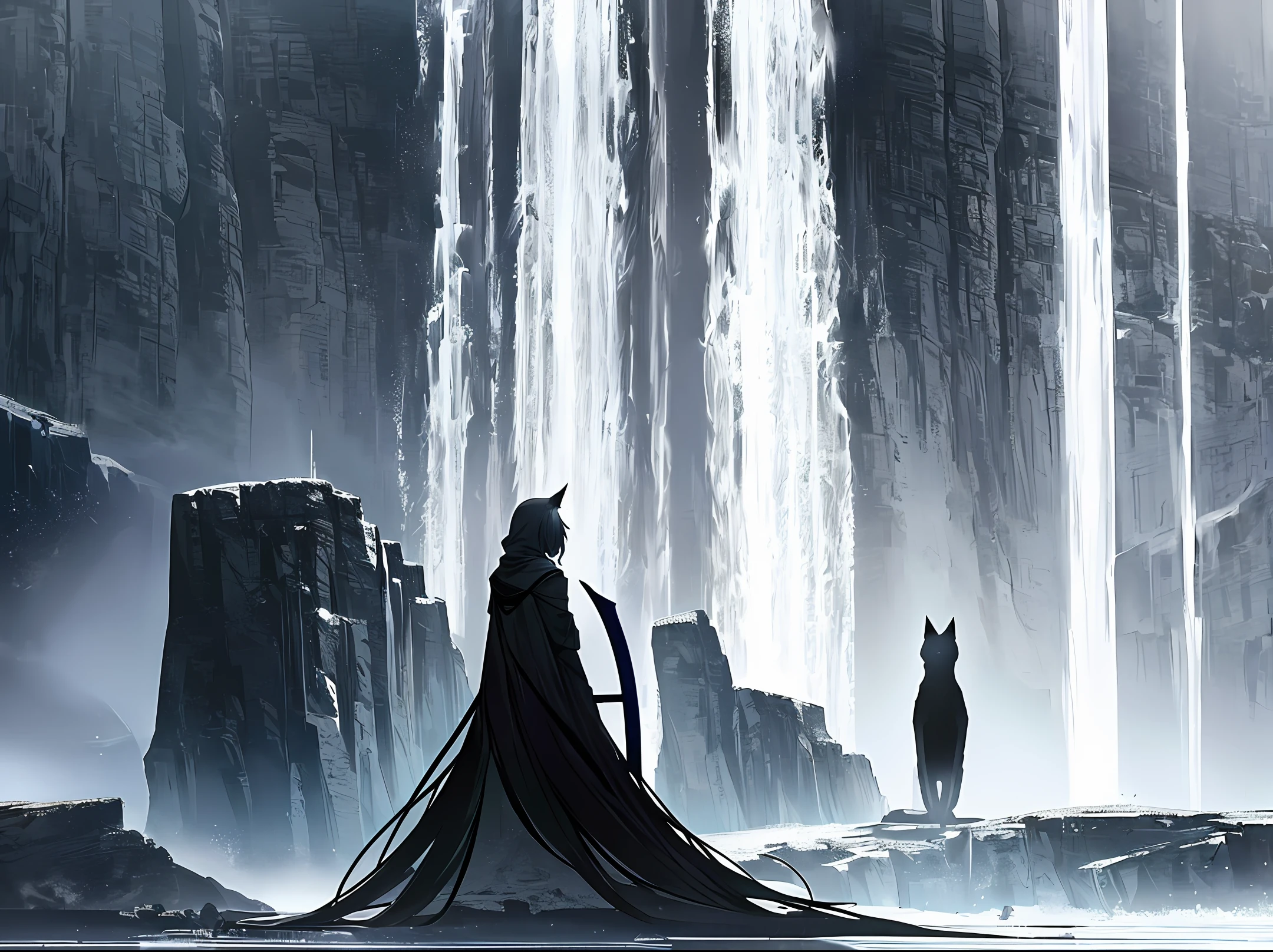 A mysterious black cat with a sword on its back stands in front of a choppy waterfall. The din of the waterfall masked the slight quiver of the sword it held, and the black cat&#39;s eyes had a clear spiritual light, as if it were looking at something. The whole scene is dominated by the dark style, and the waterfall splashes, forming sharp water blades, which makes people feel oppressed and dangerous. The background is a desolate valley and stone cliffs, giving people a mysterious and deep feeling. Using the rendering engine of Dynasty FX in Dubai, Switzerland, the colors are mainly black, gray, and blue, which strengthens the atmosphere of mystery and danger.