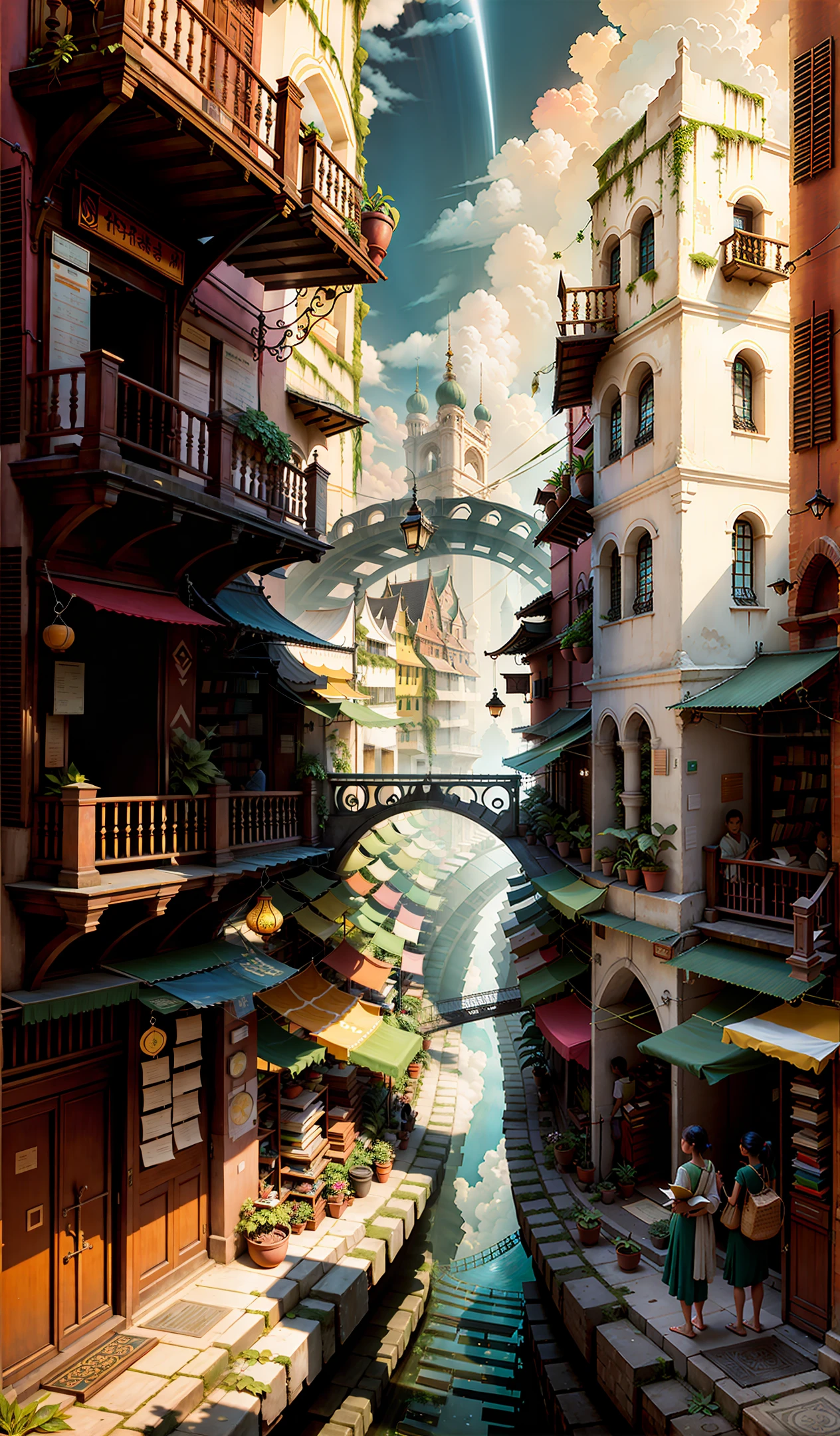 Stunning, depicting a grand and sprawling city surrounded by a lush jungle canopy. The image shows intricate buildings, a busy market, people dressed in gorgeous and simple clothes, details of slogans at the gate of the market, convenient transportation, people holding books and talking to each other with electronic technology, the sun is shining brightly, there are strange small animals and plants on the road, and the sky technology that floats