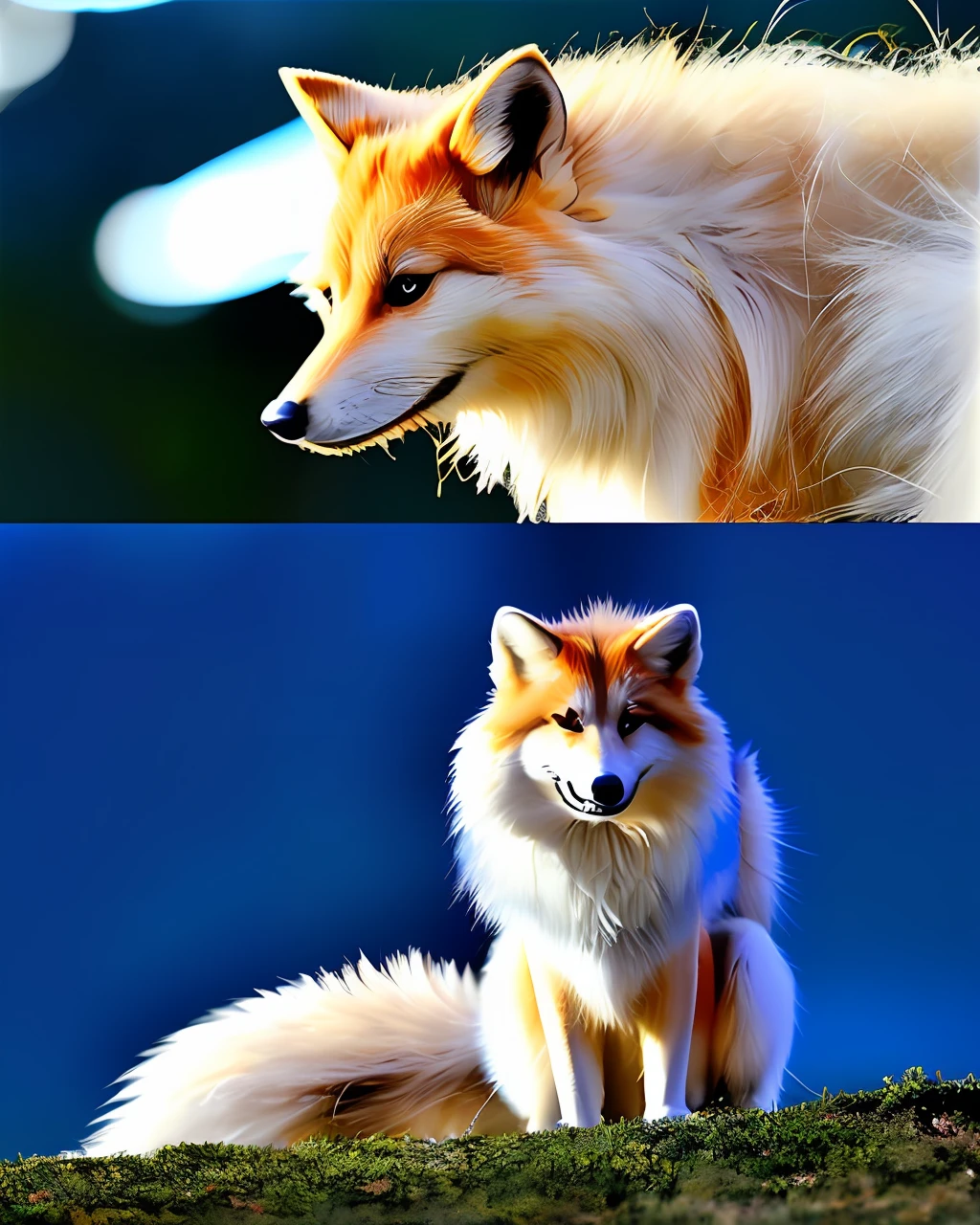 (same animal, front, side, back), simple background, (full body), nine-tailed fox, black golden wind, exaggerated tail, Shan Hai Jing