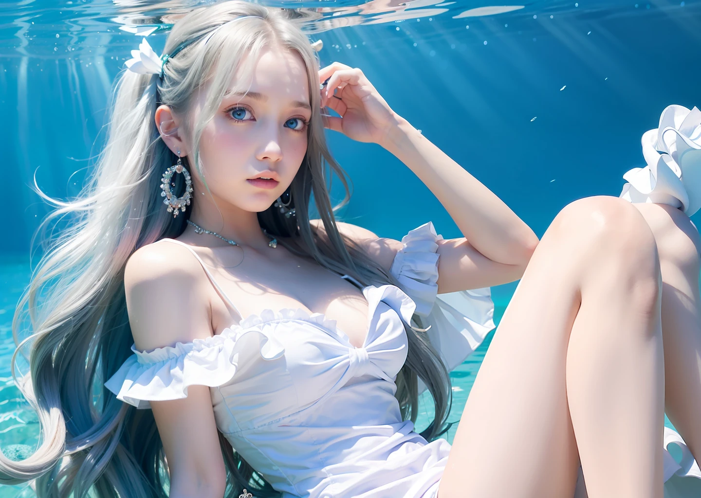 1 girl, solo, wearing a white dress, blue eyes, blue hair, long hair, hand up, underwater, off-shoulder dress, strapless submerged, looking at viewer bare shoulder, frilled dress, wide sleeves, earrings, hair ornament, mini crown, blush, necklace, floating hair, bangs, jewelry, shiny skin, NSFW,