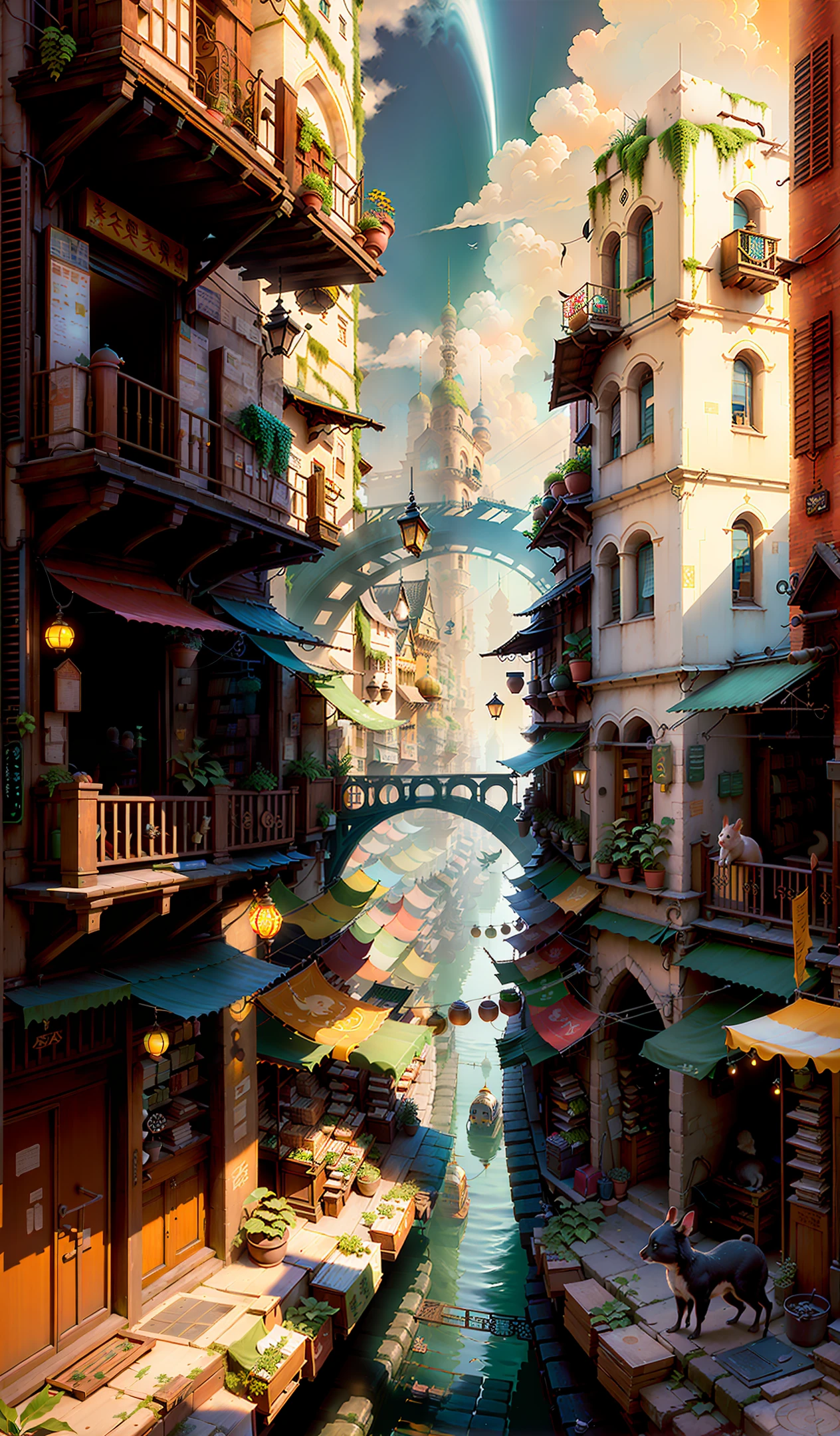 (Huge and busy city, intricate buildings, fast-paced market, gorgeous and simple characters: 0.9 ) , ( sunny, technological atmosphere, bustling market, small animals and plants: 0.8 ), (convenient transportation, books and electronics, tech atmosphere, floating objects and sky: 0.7)
