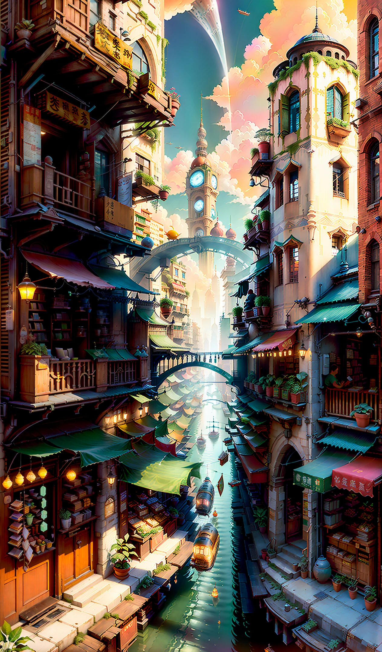 (big and bustling city, intricate buildings, fast-paced market, gorgeous and simple characters: 0.9), (sunny, technological, bustling market, plants: 1), (convenient transportation, books and electronics , Tech Atmosphere, Floaters and Sky: 1.7)