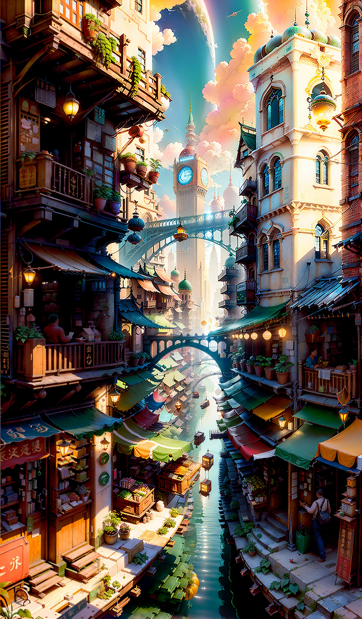 (big and bustling city, intricate buildings, fast-paced market, gorgeous and simple characters: 0.9), (sunny, technological, bustling market, plants: 1), (convenient transportation, books and electronics , Tech Atmosphere, Floaters and Sky: 1.7)
