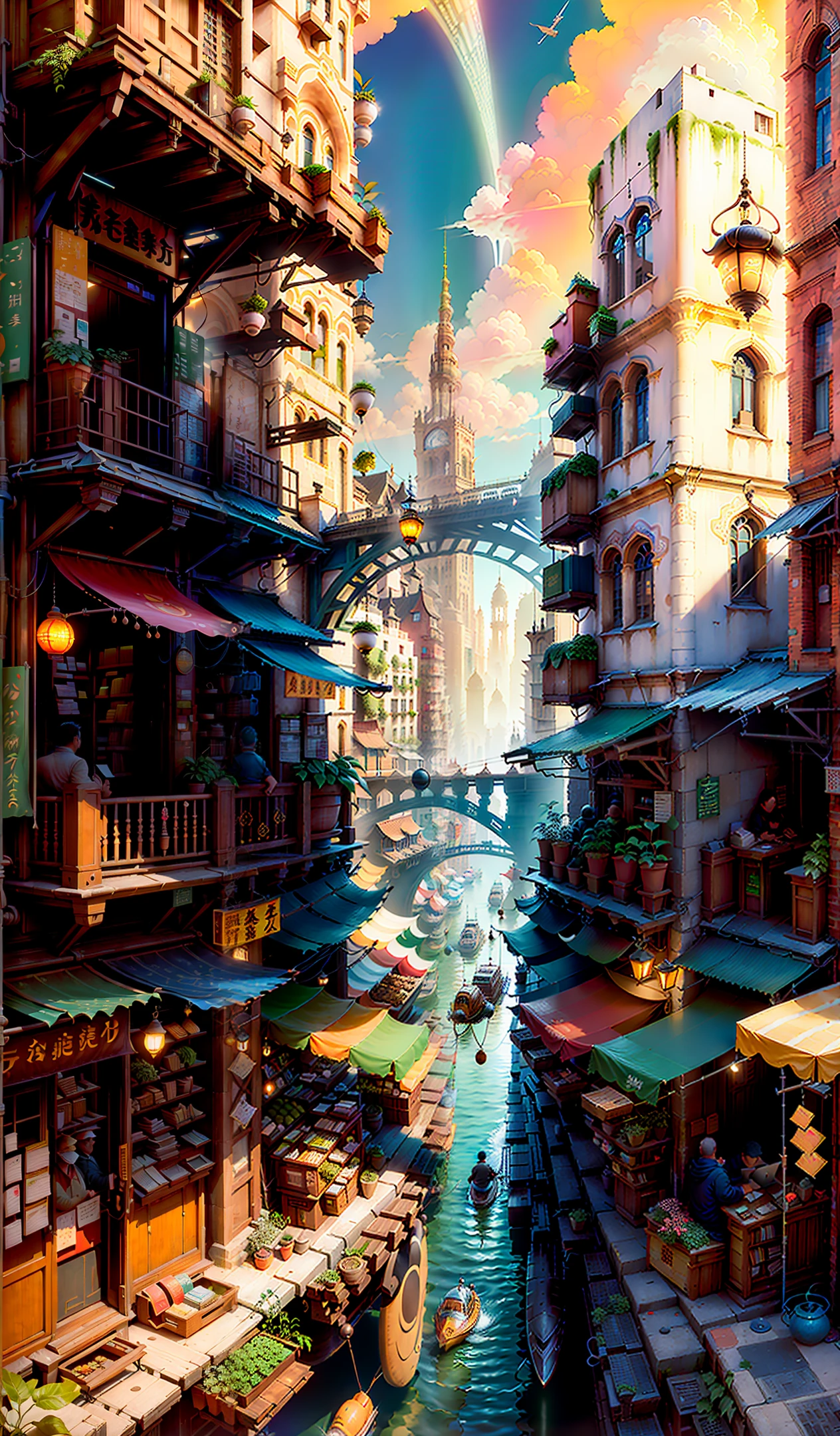 (big and bustling city, intricate buildings, fast-paced market, gorgeous and simple characters: 0.9), (sunny, technological, bustling market, plants: 1), (convenient transportation, books and electronics , Tech Atmosphere, Floaters and Sky: 1.7)