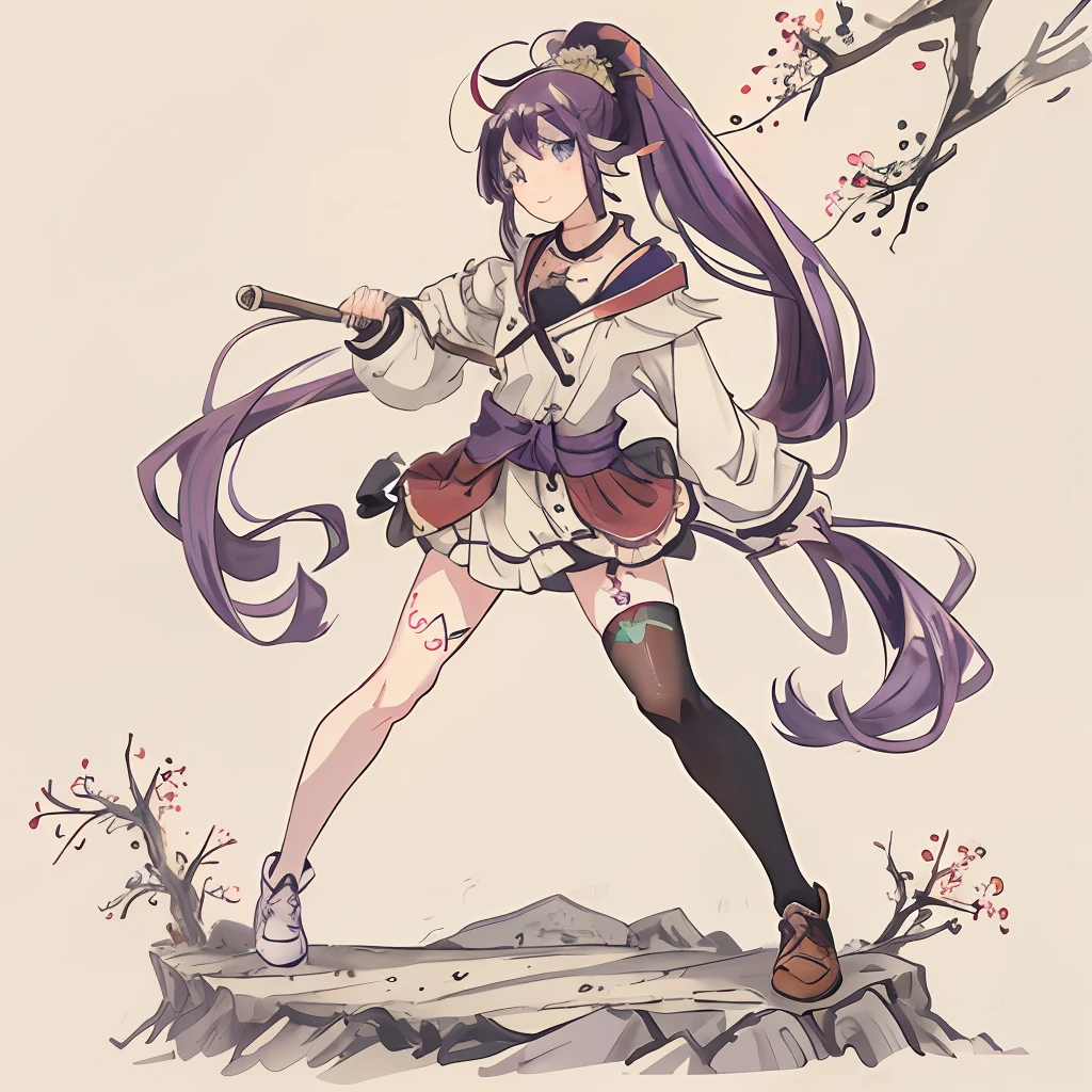 Highest resolution, purple hair, long hair, asymmetrical hair, floating hair, hair between the eyes, hair around the waist, double ponytail, side hair, hair accessories, candied haws hair accessories, bangs, blue eyes, mouth closed , smiling, collar, butterfly collar, collarbone, chest tattoo, flower tattoo, lower breasts, thighs, leg ornaments, standing, bending over, holding a forge, stockings, girl