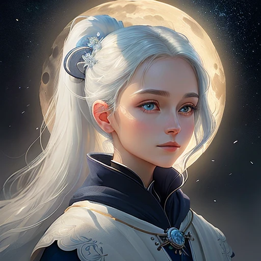 Masterpiece, (Best Quality: 1.2), (Super Fine: 1.2), Illustration, (Extremely Delicate and Beautiful: 1.2), Film Angle, Float, (Beautiful Eye of Detail: 1.1), (Detail Light: 1.1), Film Lights, Delicate Sky, Woman, White Hair, Blue Eyes, (High Ponytail: 1.1), Cloak, Glowing Eyes, (Moon: 1.2), (Moonlight: 1.1), Starry Sky, (Light Particles: 1.1), Fog , snow painting, sketching, blooming