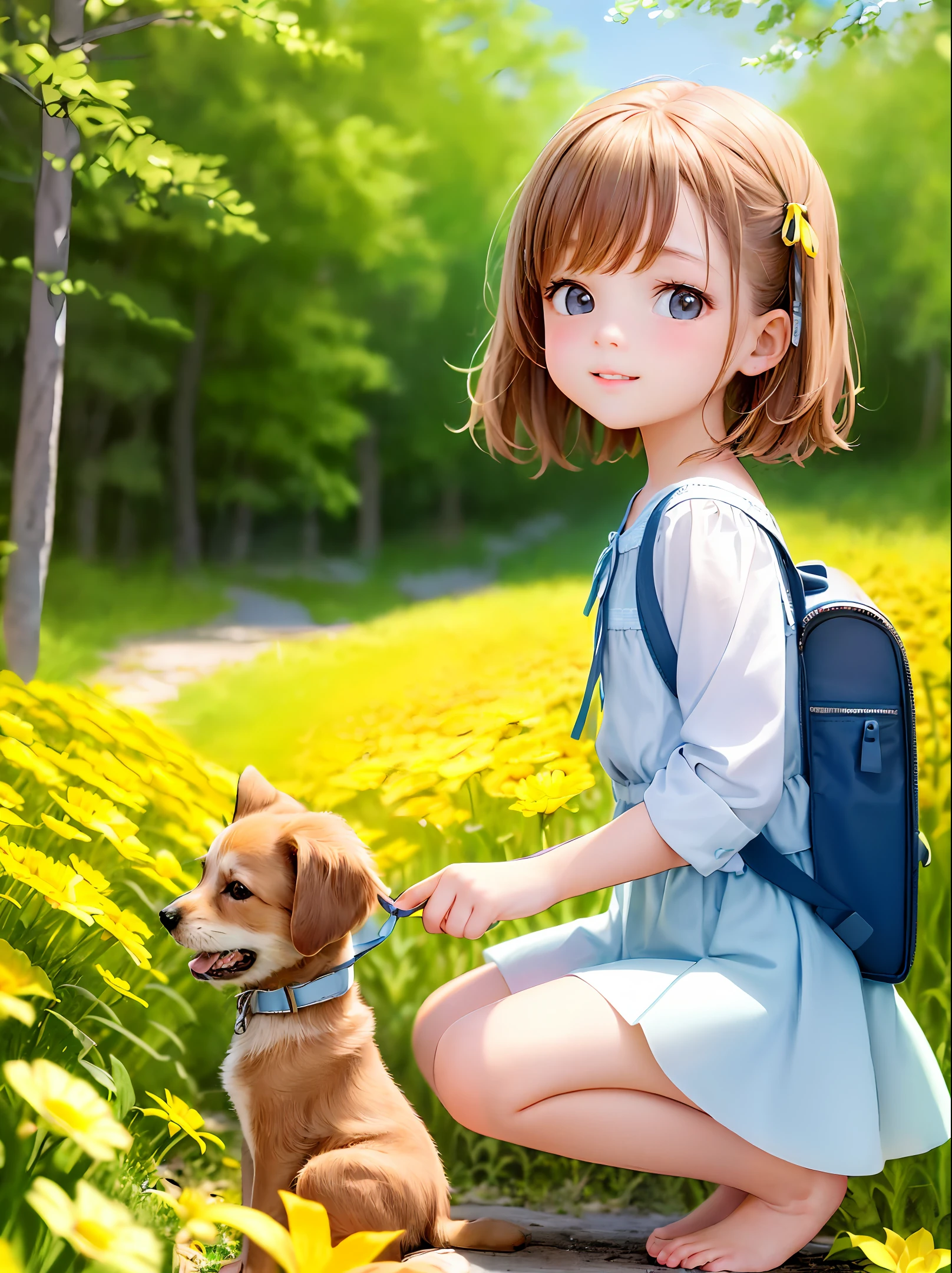 A very charming little girl with a backpack and her cute puppy enjoying a lovely spring outing surrounded by beautiful yellow flowers and nature. The illustration is a high-definition illustration in 4k resolution, featuring highly detailed facial features and cartoon-style visuals.