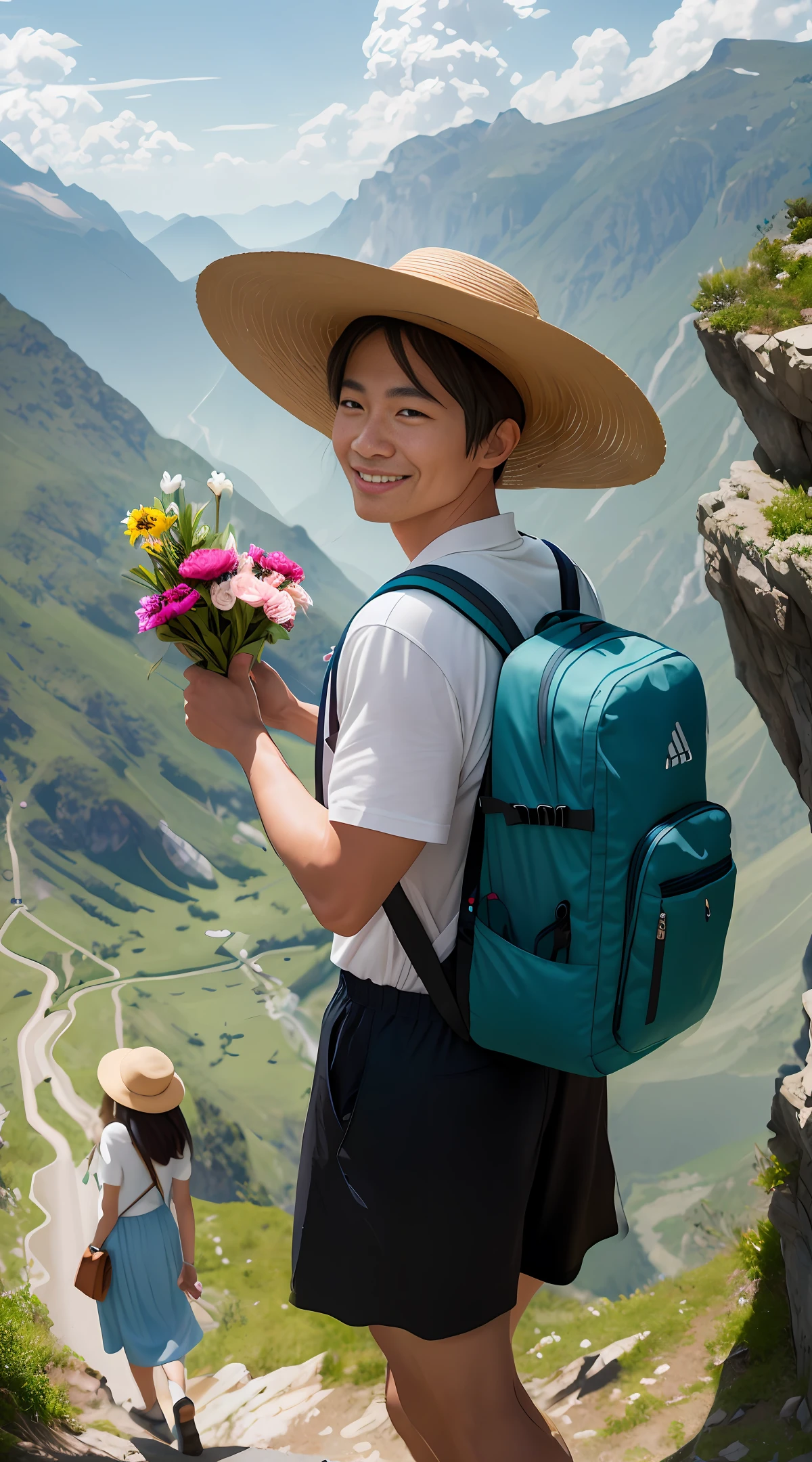 On the mountain road, there is a smiling man wearing a straw hat, holding a bouquet and carrying a professional hiking bag (extremely detailed CG unity 8k wallpaper, masterpiece, high contrast)