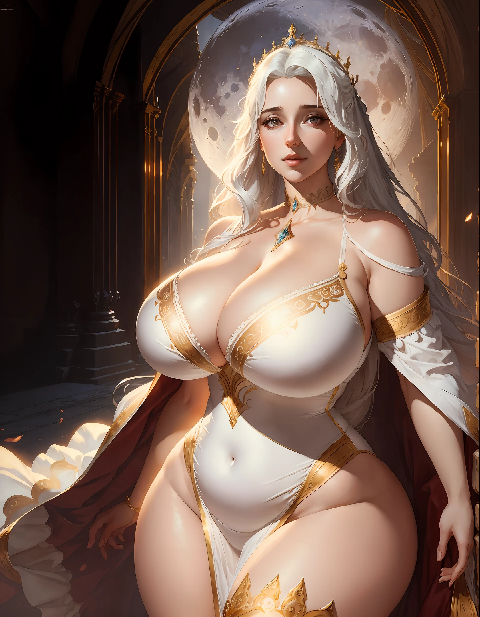 masterpiece, highest quality, solo focus, (perfect face:1.1) , (high detail:1.1),dramatic,
1girl, breasts, white hair, red eyes, solo, cleavage, long hair, curvy, large breasts, moon, see-through, night, dress, thighs, covered navel, white dress, choker, bare shoulders, wide hips, thick thighs, lips, covered, robe, pelvic curtain, huge breasts, castle,
detailed background, art by artgerm and greg rutkowski, cinematic lighting,