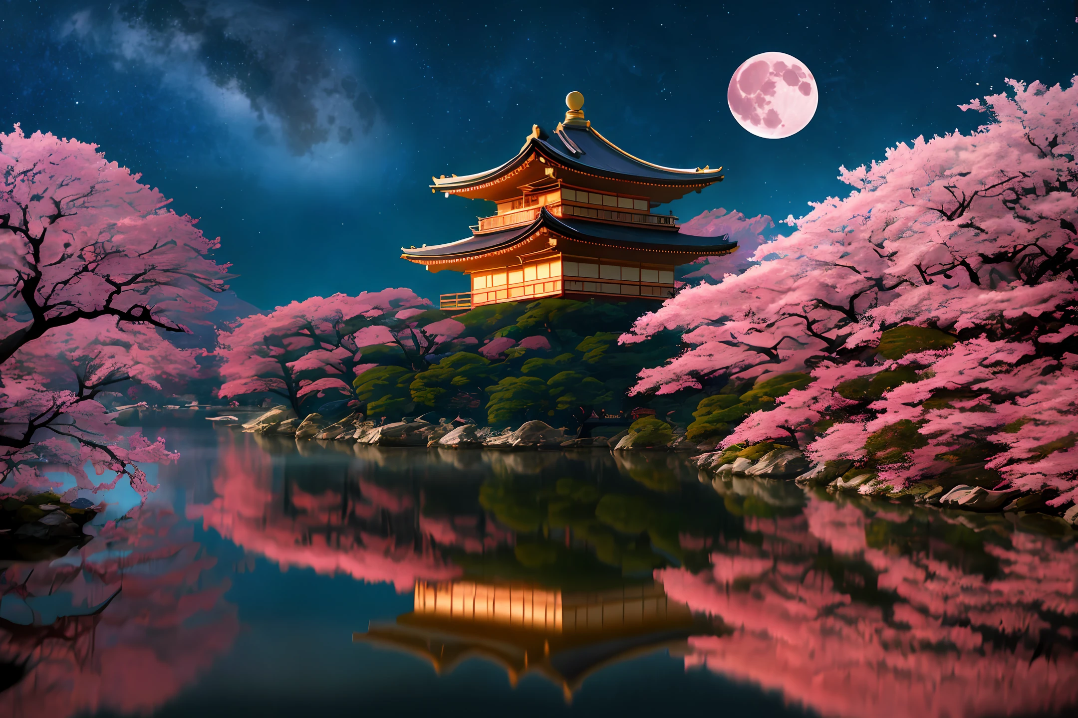 Masterpiece, best quality, high quality, extremely detailed CG unity 8k wallpaper, Japanese classical architecture, Kinkaku-ji Temple, night, ((red full moon)), landscape, cherry tree, award-winning photography, bokeh, depth of field, HDR , bloom, chromatic aberration, photorealistic, highly detailed, trending on artstation, trending on CGsociety, intricate, high detail, dramatic, midjourney art