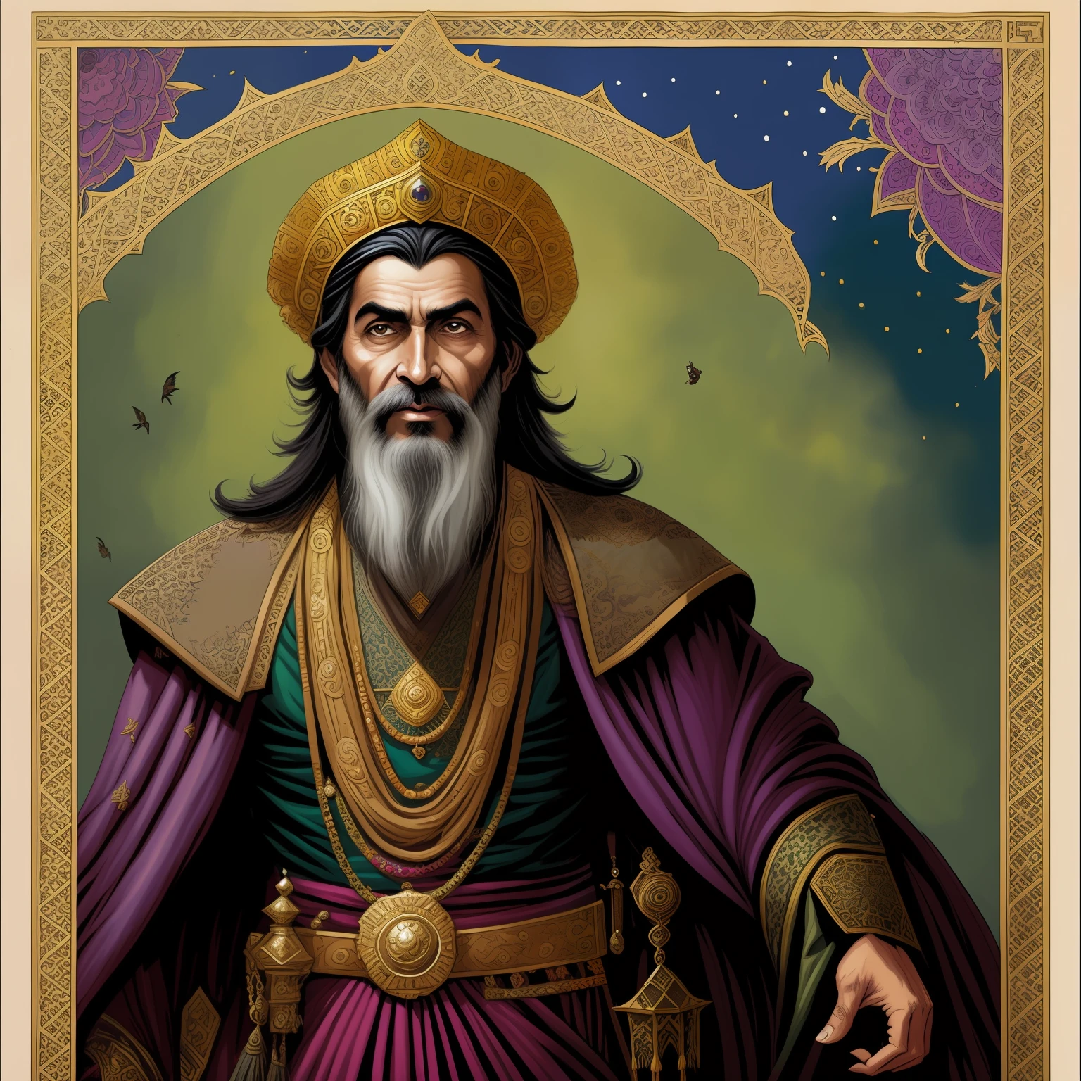 [A very old male Numidian sultan, smiling, dark skin, angular features, wrinkled, weathered, with a long dark black beard, with dark black hair, wearing a green and purple and gold brocade robe, wearing a yellow turban, portrait, HD, (oil painting:1.1), (comic book art style:1.5), (inked outline:1.3), fantasy illustration, character concept design, detailed clothing, sharp focus, dramatic, expansive], detailed Alhambra, detailed archway, detailed small room, intricate, elegant, highly detailed, Arabian nights, (muted natural colors:1.3), in painterly style by Jean Baptiste Monge