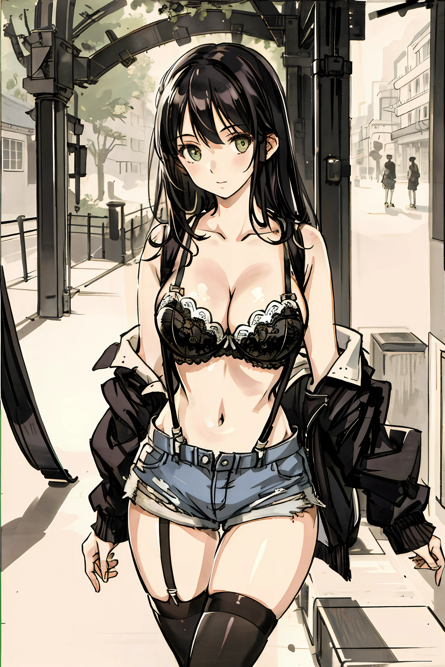 ((best quality, high resolution, unique image)), girl, big breasts, bra (no suspenders), tight shorts detailed background