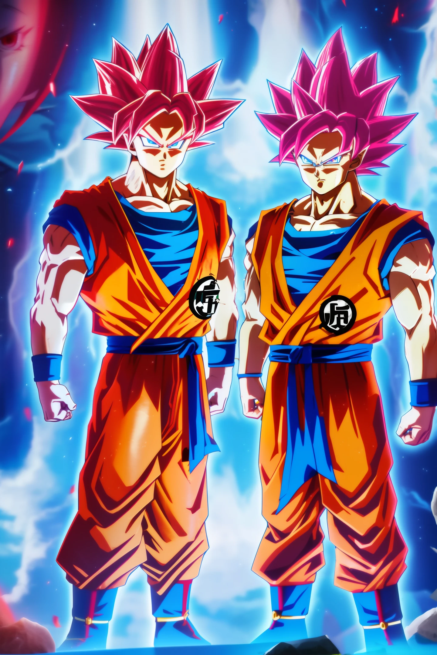 (Super Saiyan 4) two son_goku with (dark skin), side by side, (short red hair) and (blue eyes), wearing eye_glasses, wearing standard clothes, emitting (red aura) stands in (portrait) mode, seen from a dramatic ((front view)).