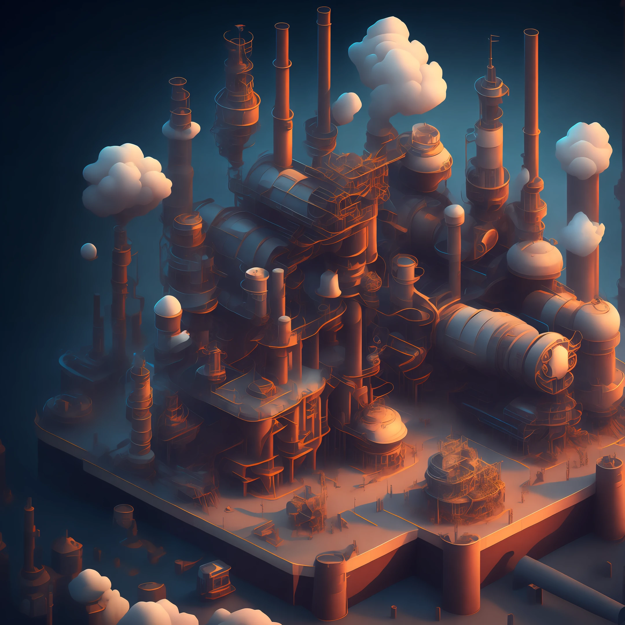 Masterpiece, 8k cg wallpaper, epic RPG style scene, isometric view showing a cartoon world full of industrial and steam elements, huge gears, factory theme, ((steam), (industry), (concrete and steel), mobile Games or fantasy novels. Super detailed, best quality, best shadows, exhausting smoke,