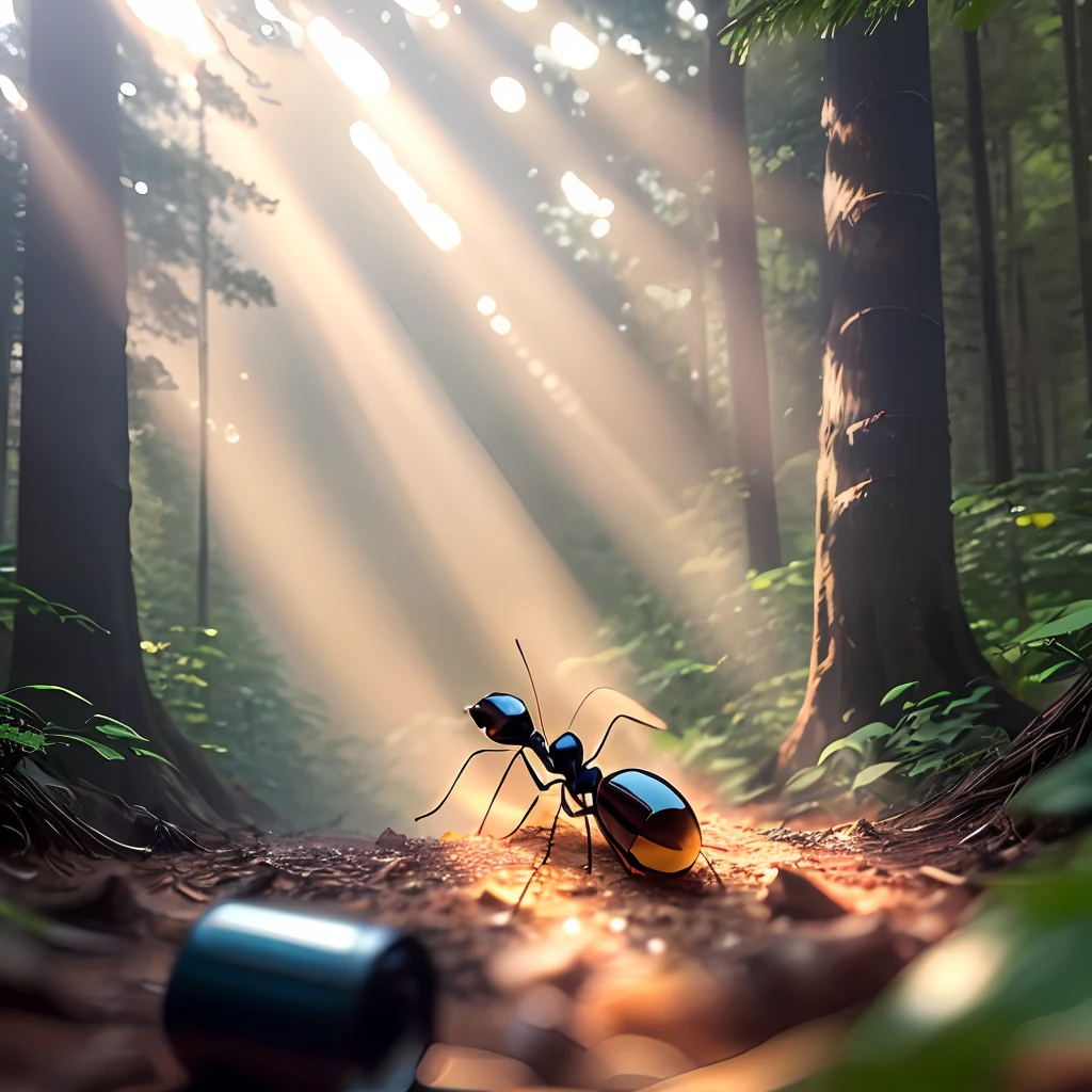 A very real ant is lying on a Coca-Cola can that fell in the forest, there is some dust on the slightly distorted can, the sun shines into the forest, real scene, ant perspective, ant limbs, fire ants, extremely real details, Real light source, delicate details of ant limbs, 8K, ant body with strong logic, scientific photos, real photos, ants