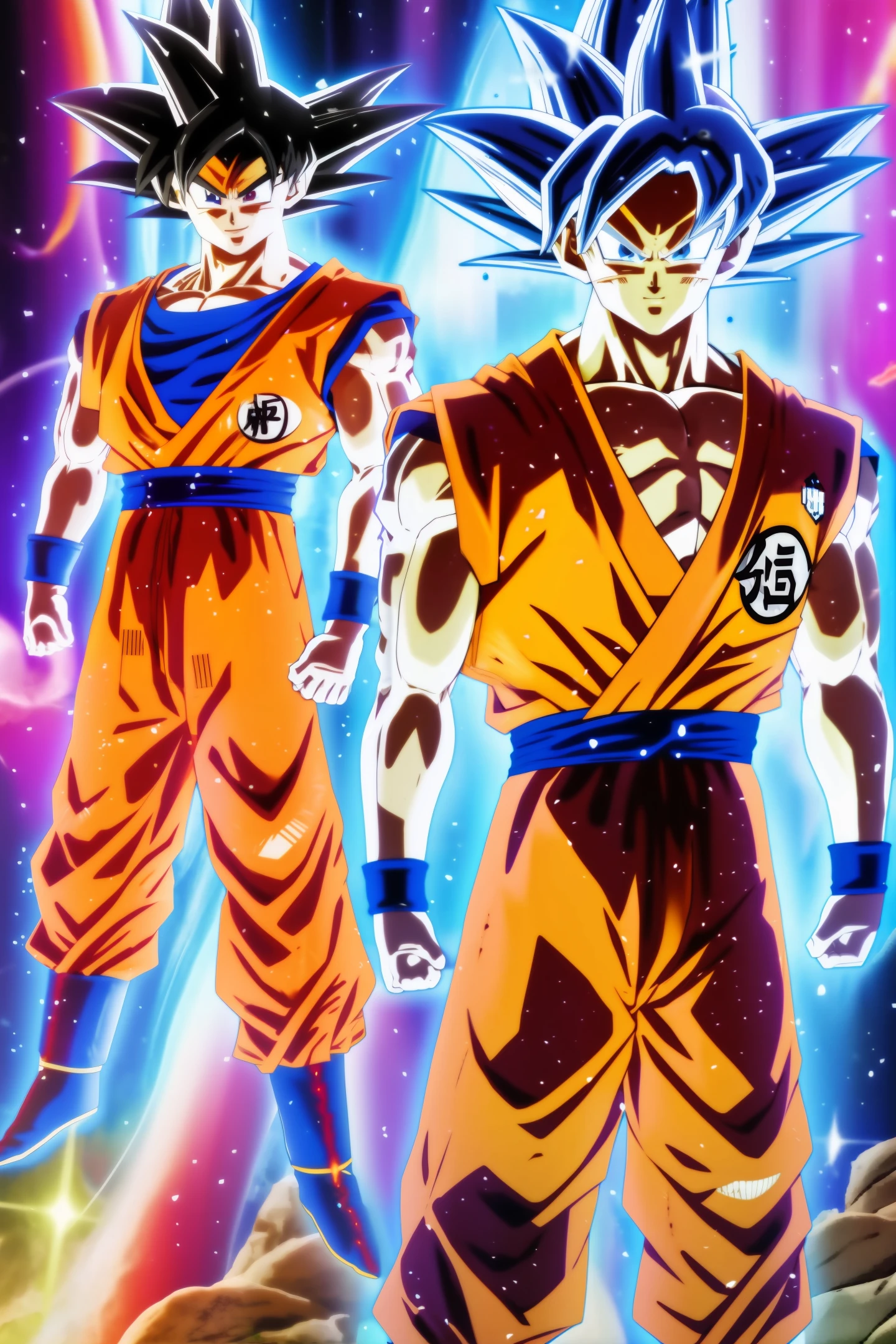 son_goku, twins, standing side-by-side, super_saiyan_god, dark hair, dark skin, full_body, realism, smile, action_pose, aura, seen from a dramatic ((front view)).